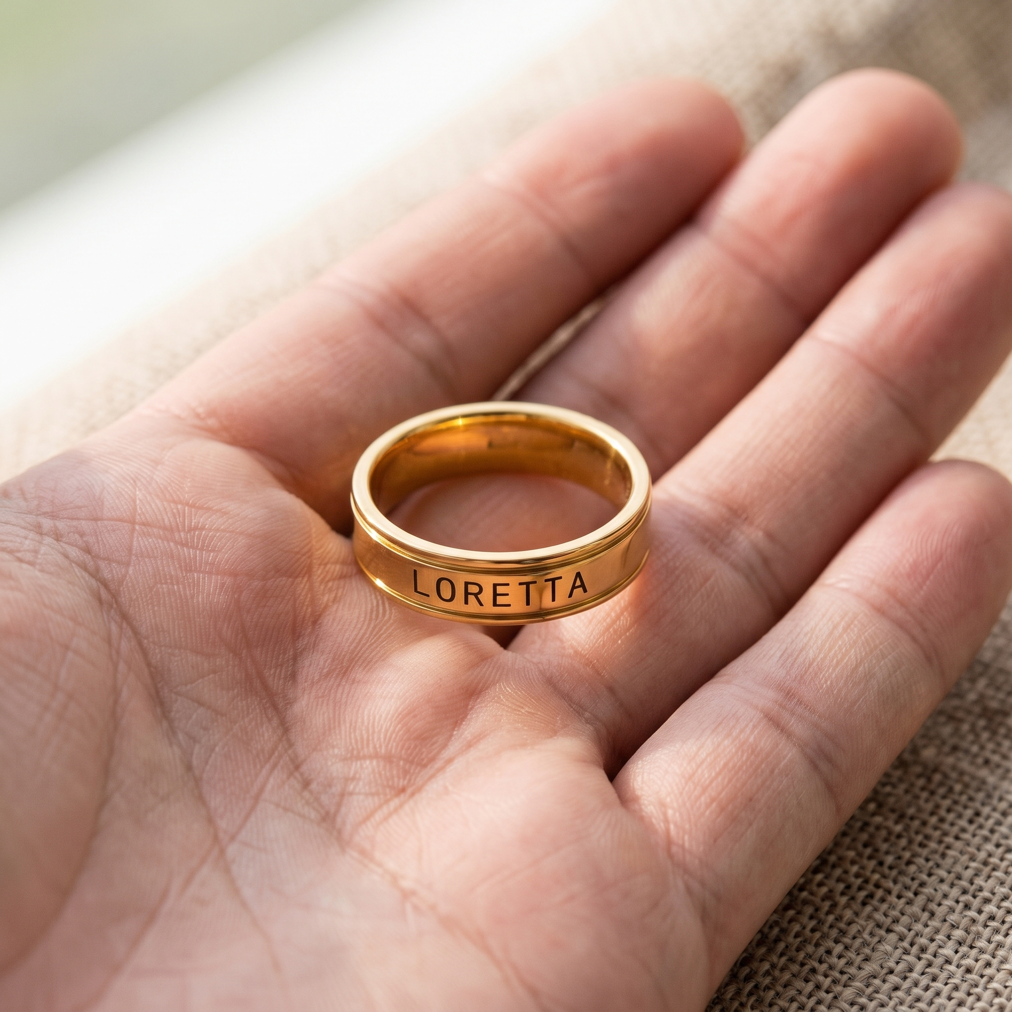 A ring held between two fingers with the inner surface turned to the light