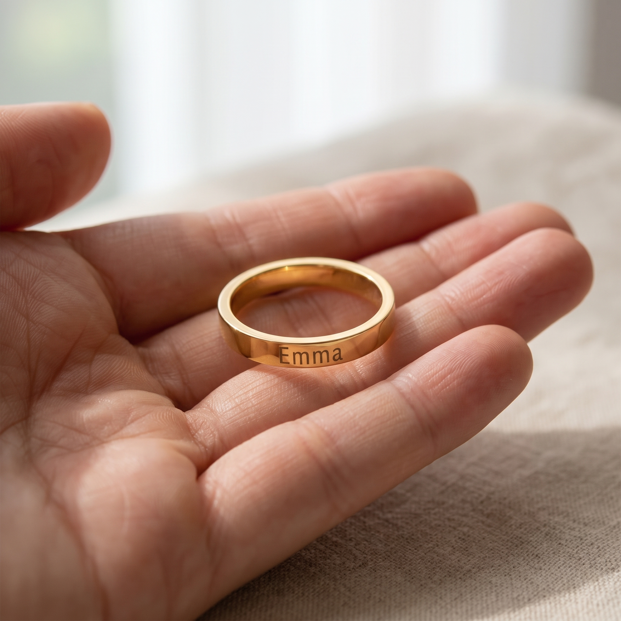 A plain engraved band on a hand, catching low light