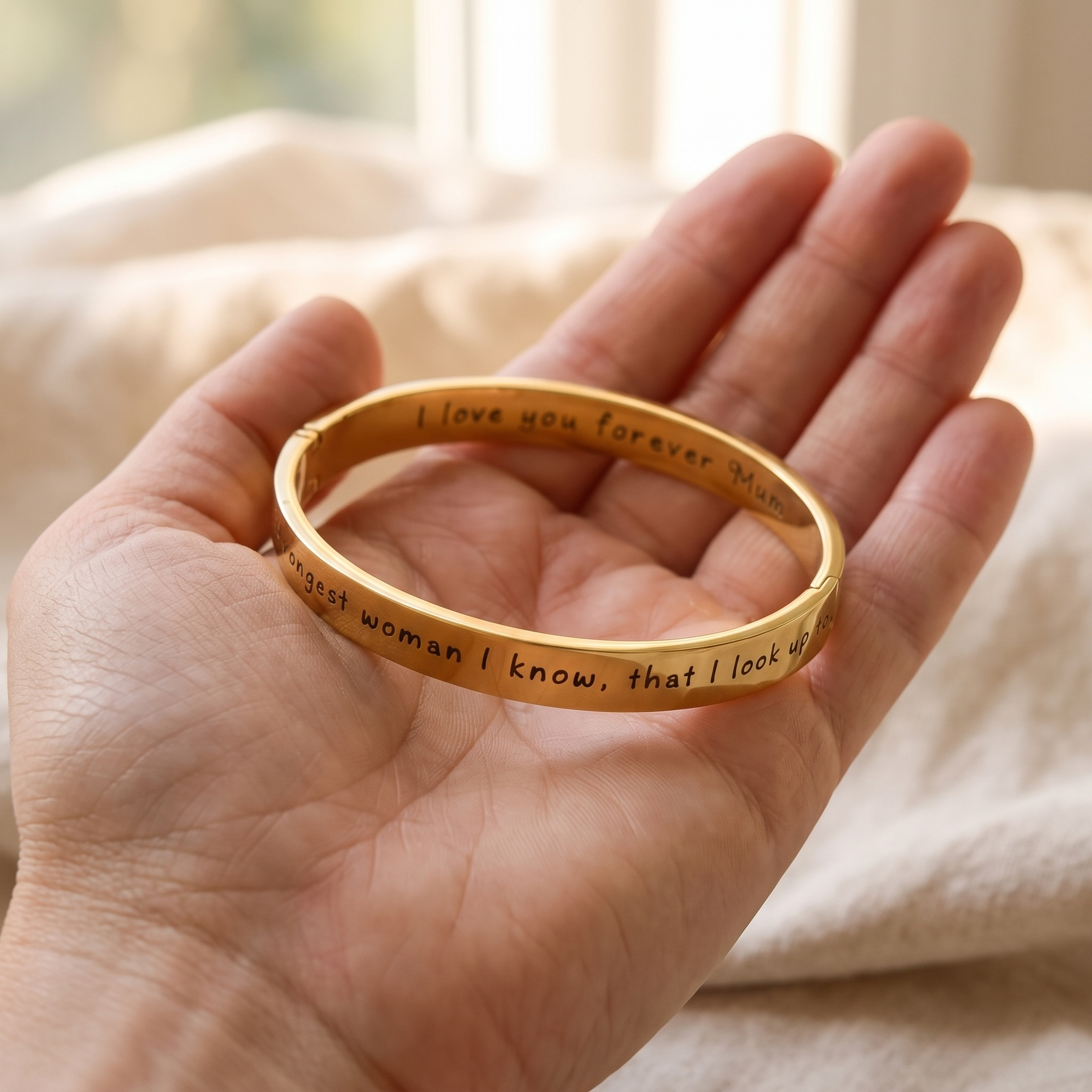 A locking bangle worn on a wrist resting on a bedsheet in morning light