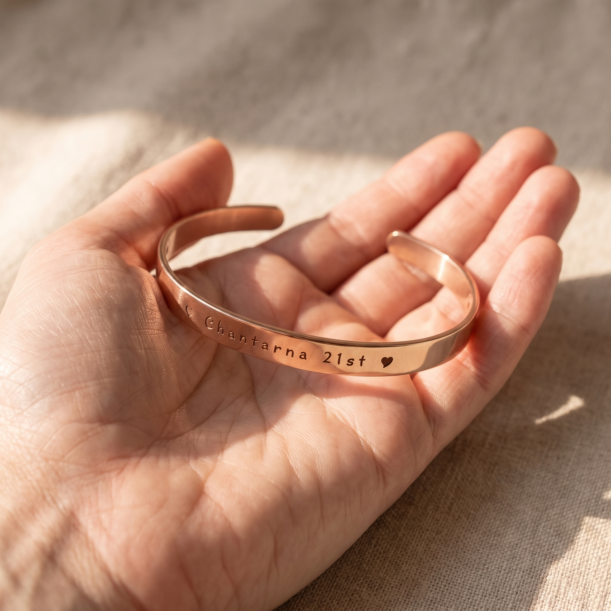 A mixed-tone stack of rings on one hand resting on linen