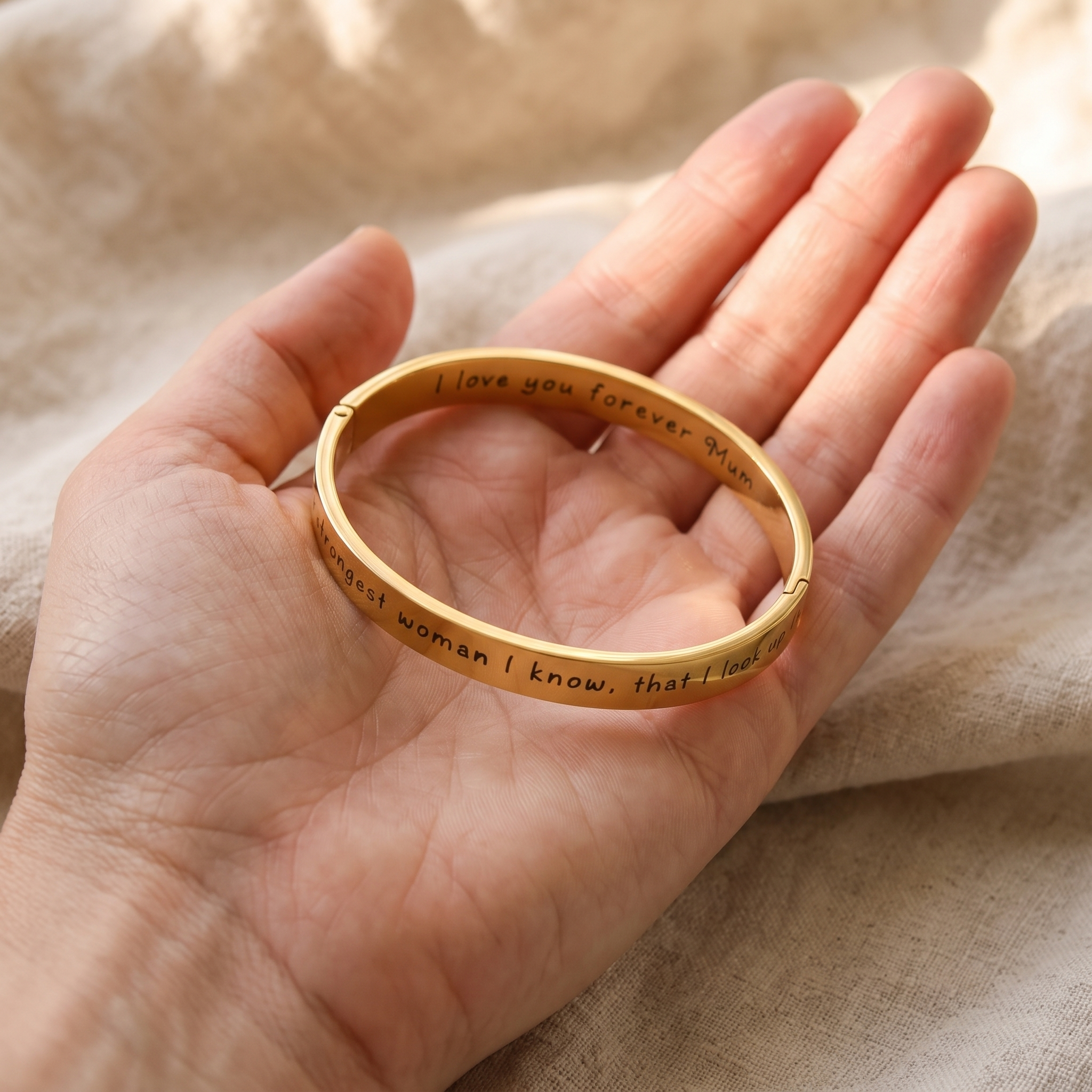 A close-up of a bangle clasp being closed between two fingers