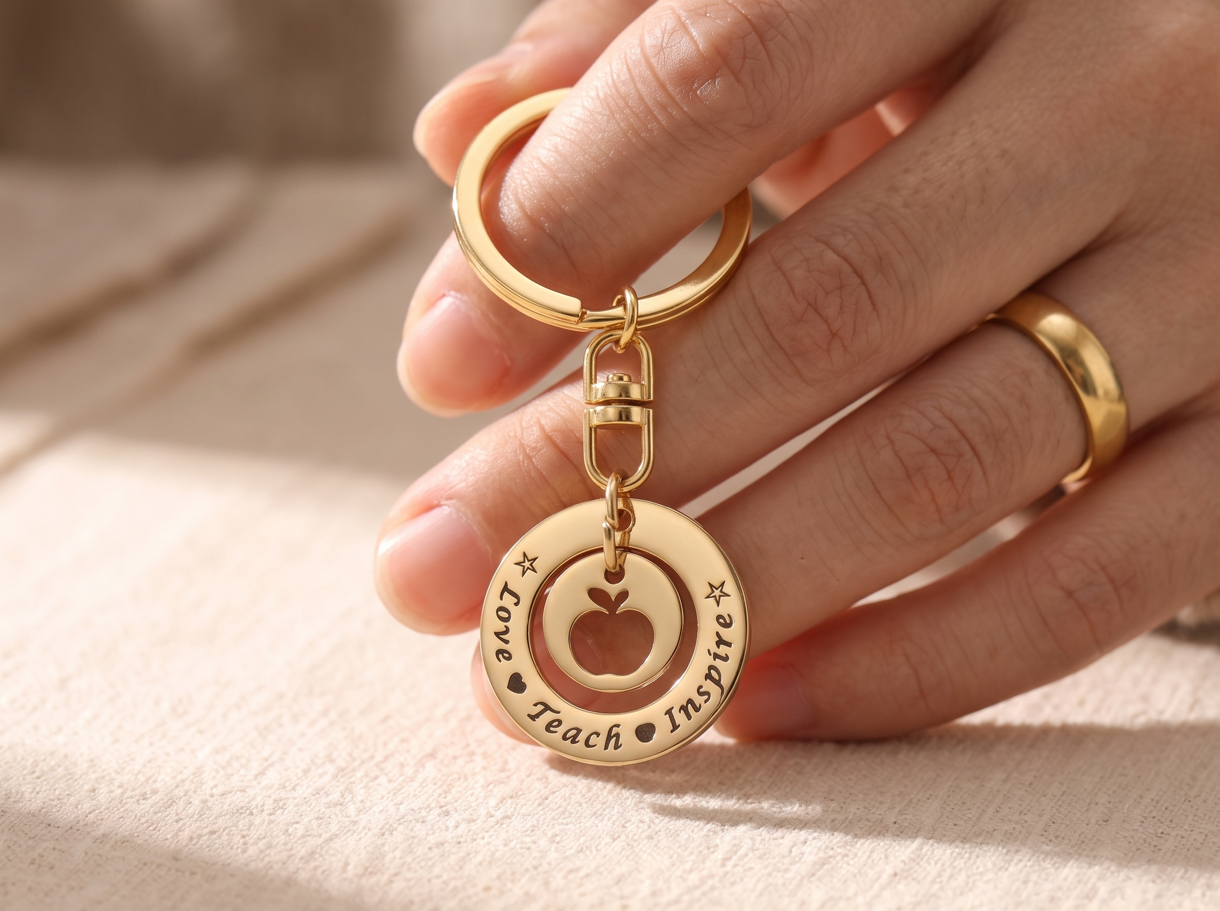 Close-up of a teacher's name engraved into a gold tone keyring tag