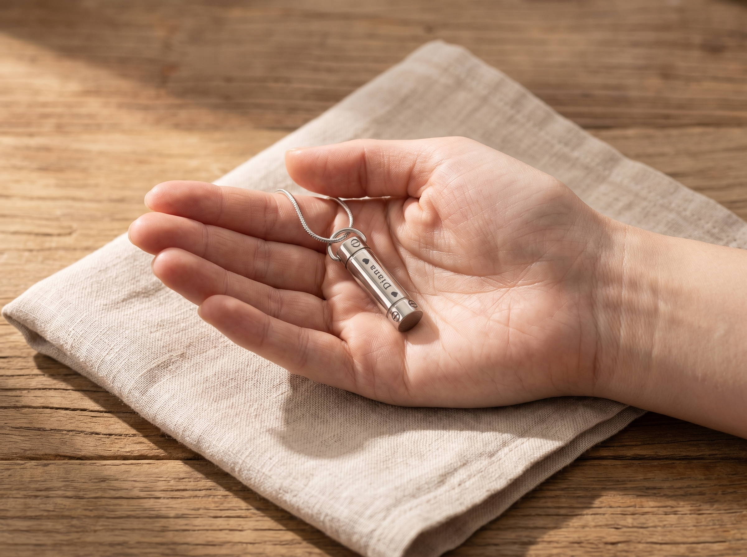 Hands using a small funnel to fill a cylinder cremation pendant on a folded tea towel