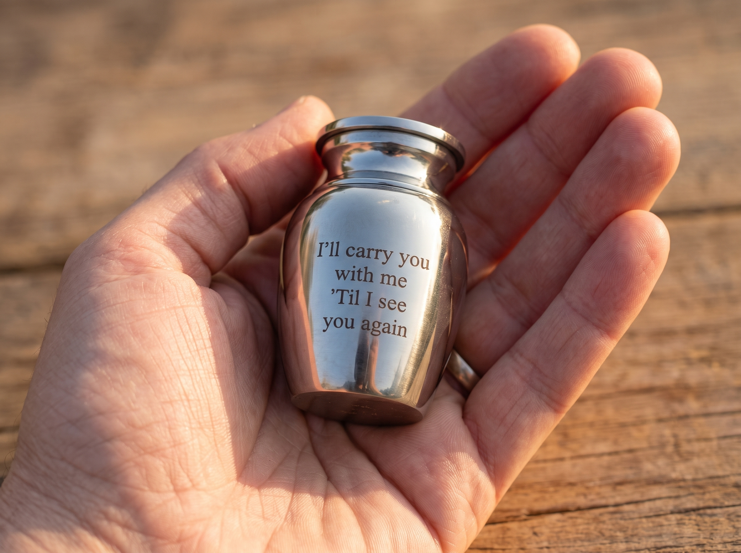 Three pairs of hands of different ages each holding a small keepsake urn around a table