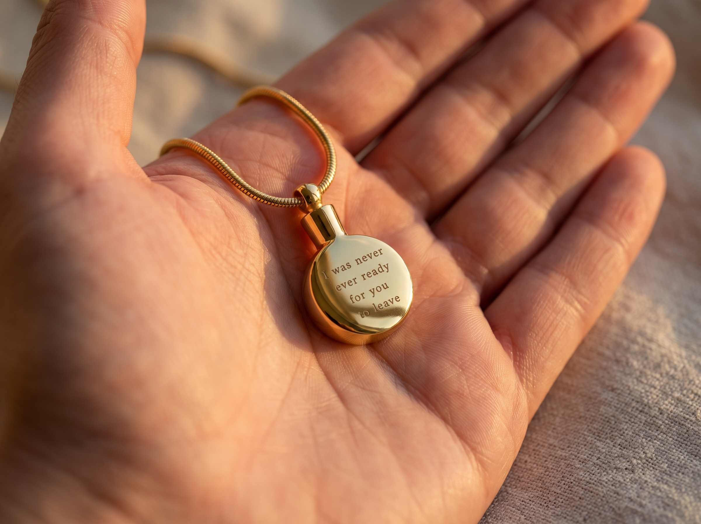 Person at a windy coastline at golden hour holding a small cremation pendant to their chest