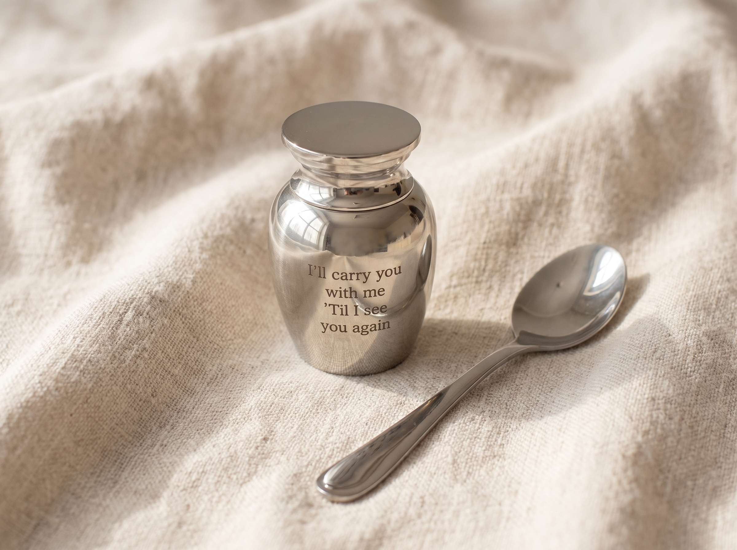 Mini keepsake urn photographed beside a teaspoon on pale linen to show its scale