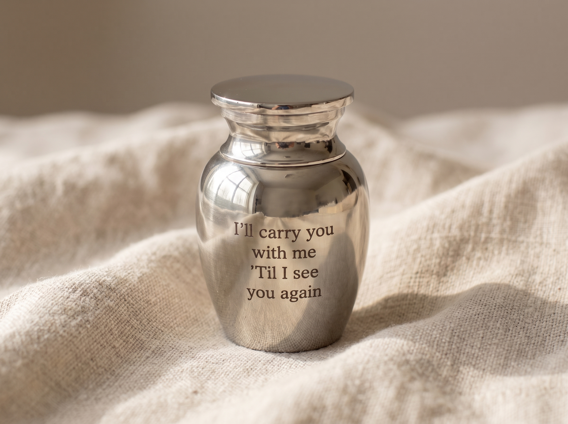 One larger urn surrounded by three small keepsake urns and two pendants on linen
