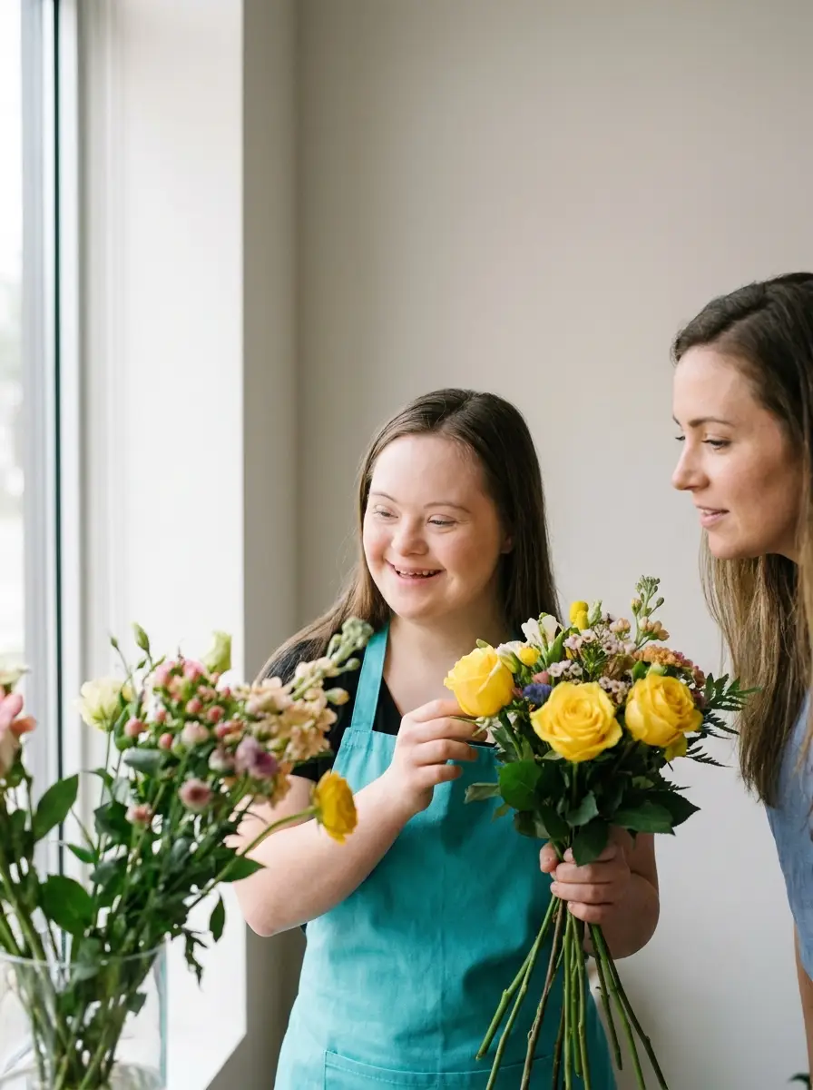 Une jeune femme porteuse de trisomie 21 compose un bouquet dans une boutique de fleurs lumineuse, sous le regard admiratif d'une collègue