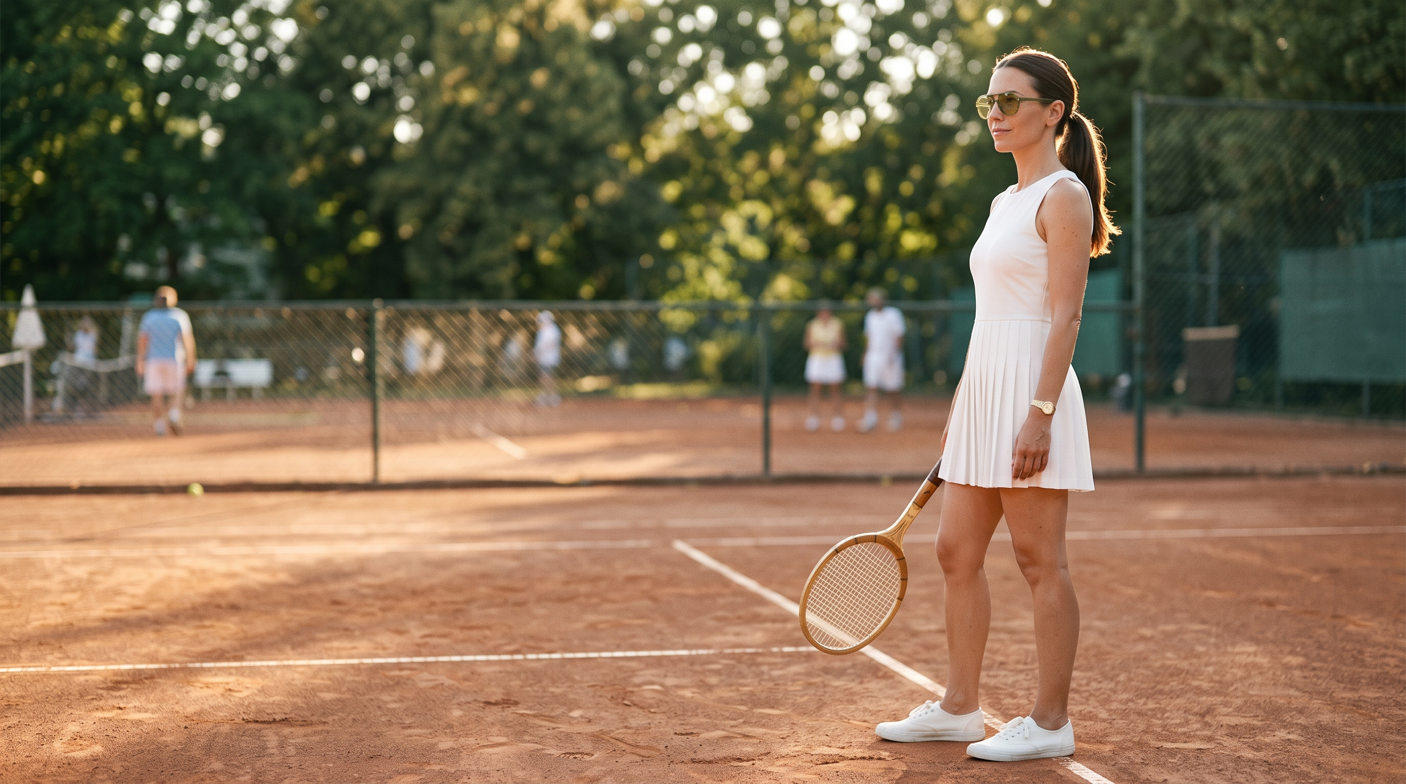 Woman in vintage sunglasses on a clay tennis court at golden hour
