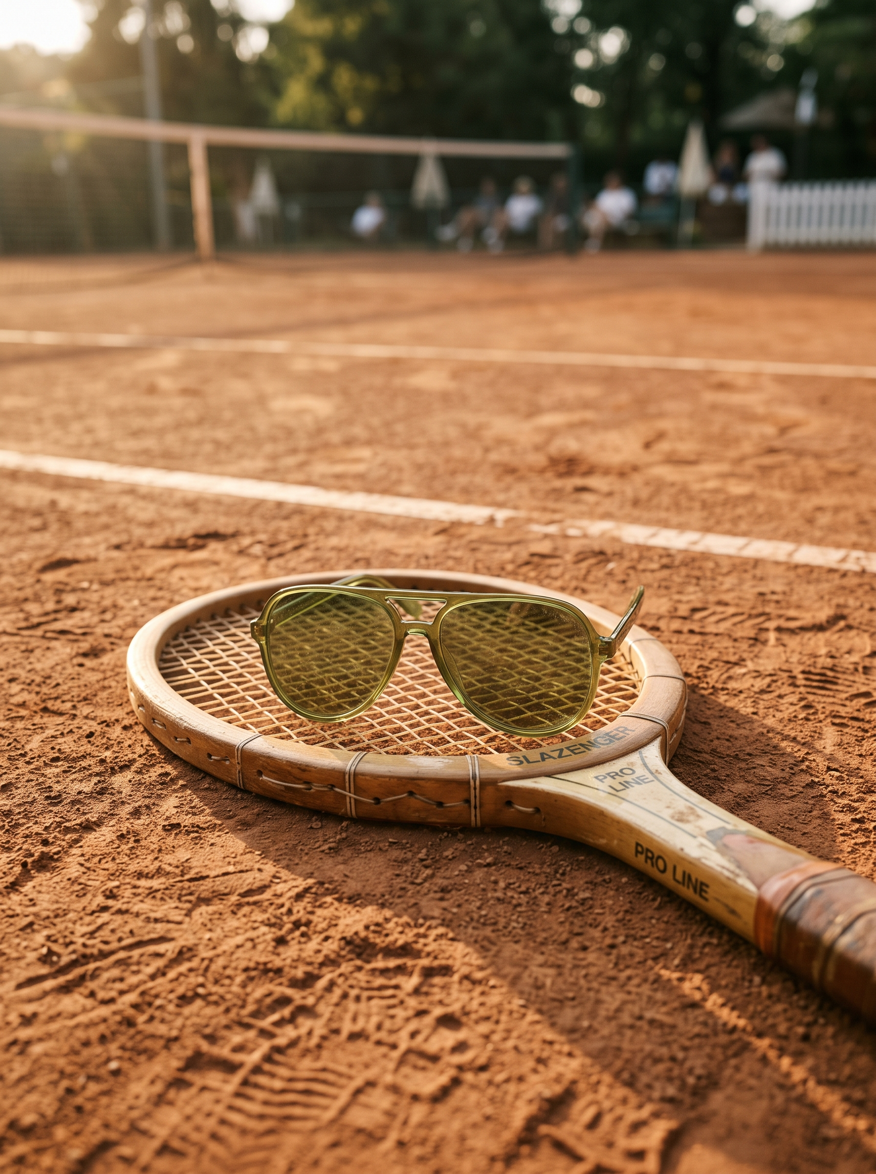 Vintage sunglasses resting on a wooden racket