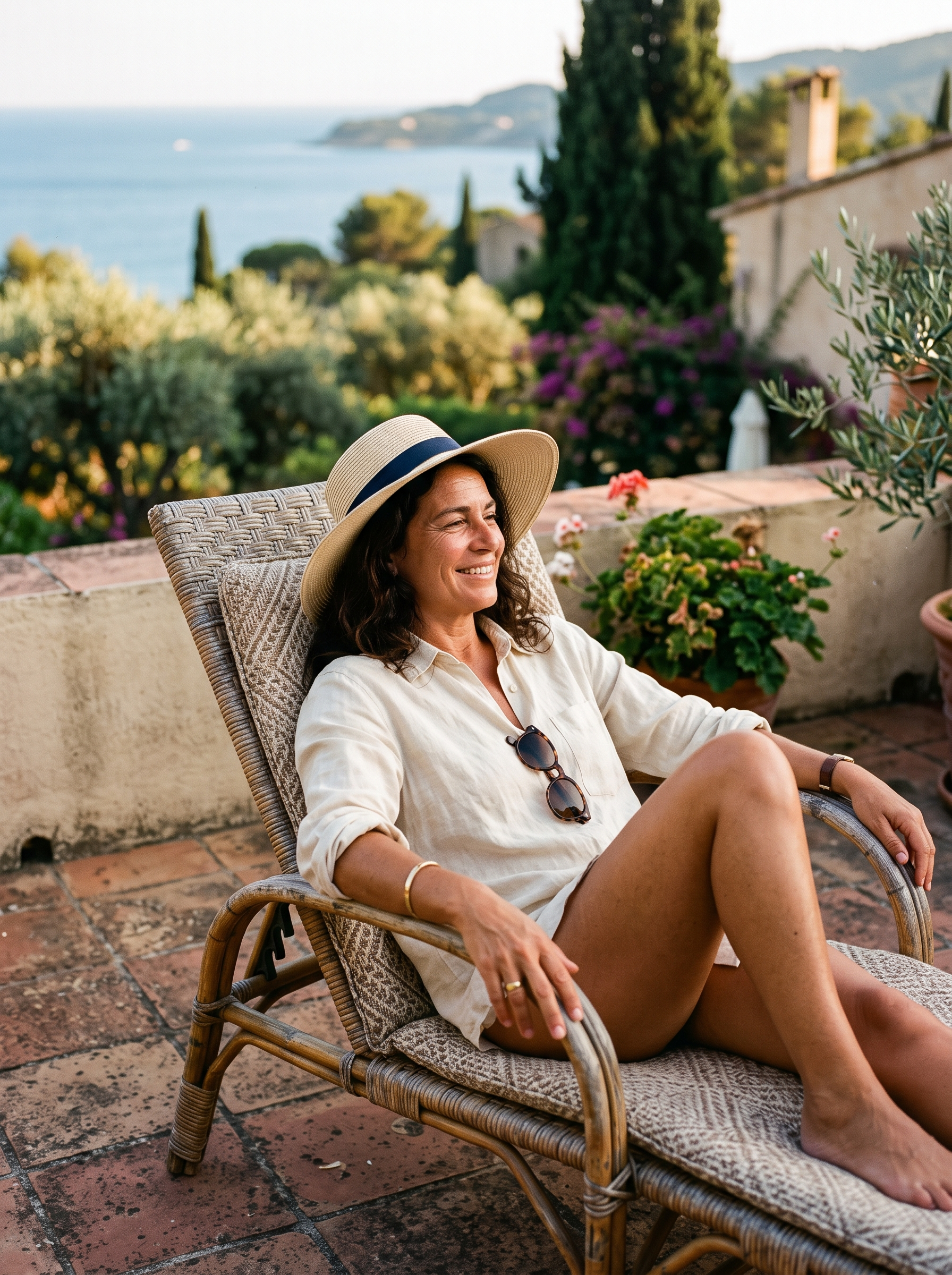 Woman relaxing on a rattan chair on a Mediterranean terrace