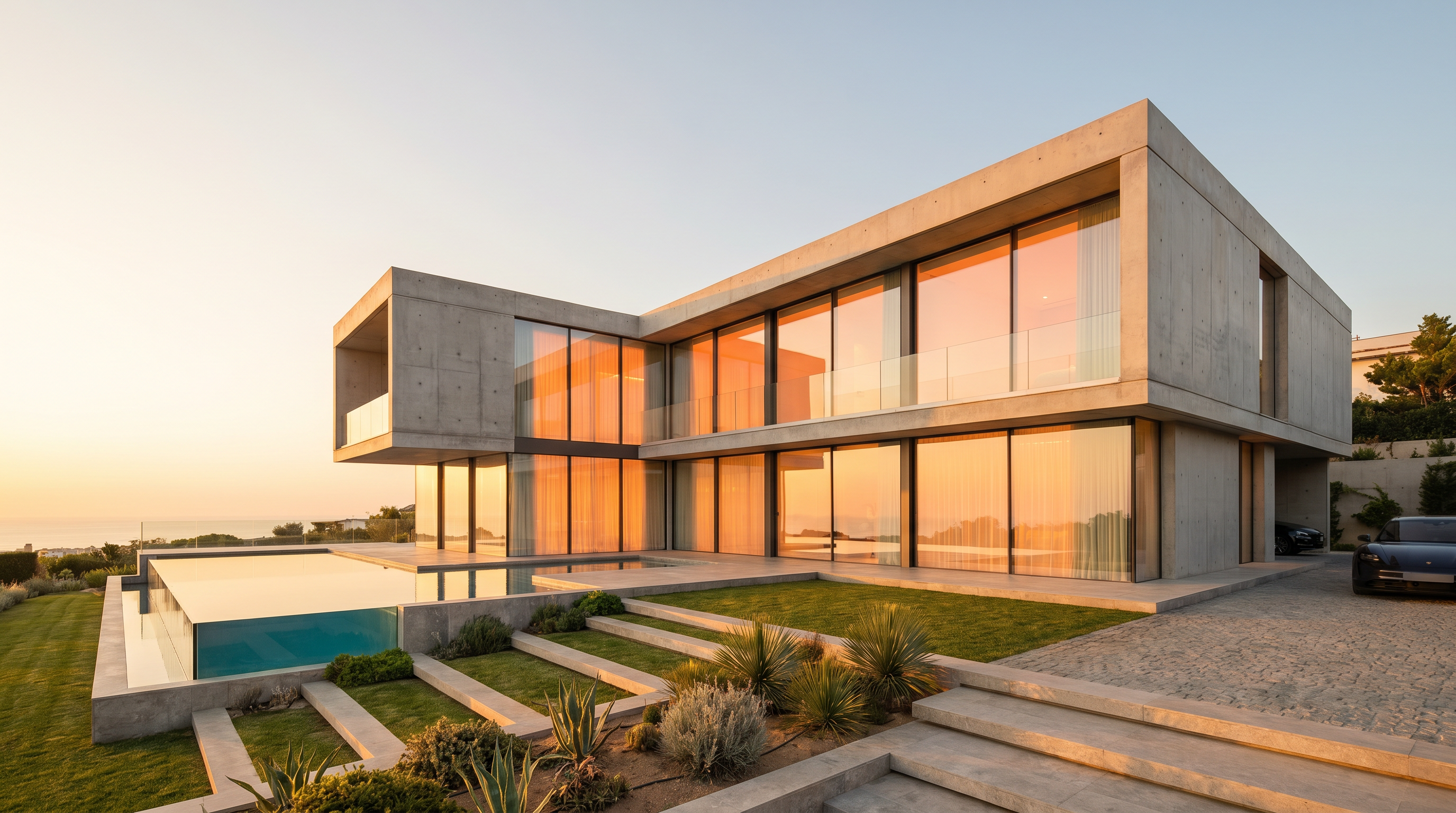 Moderne Luxusvilla mit Glasfassade im Abendlicht
