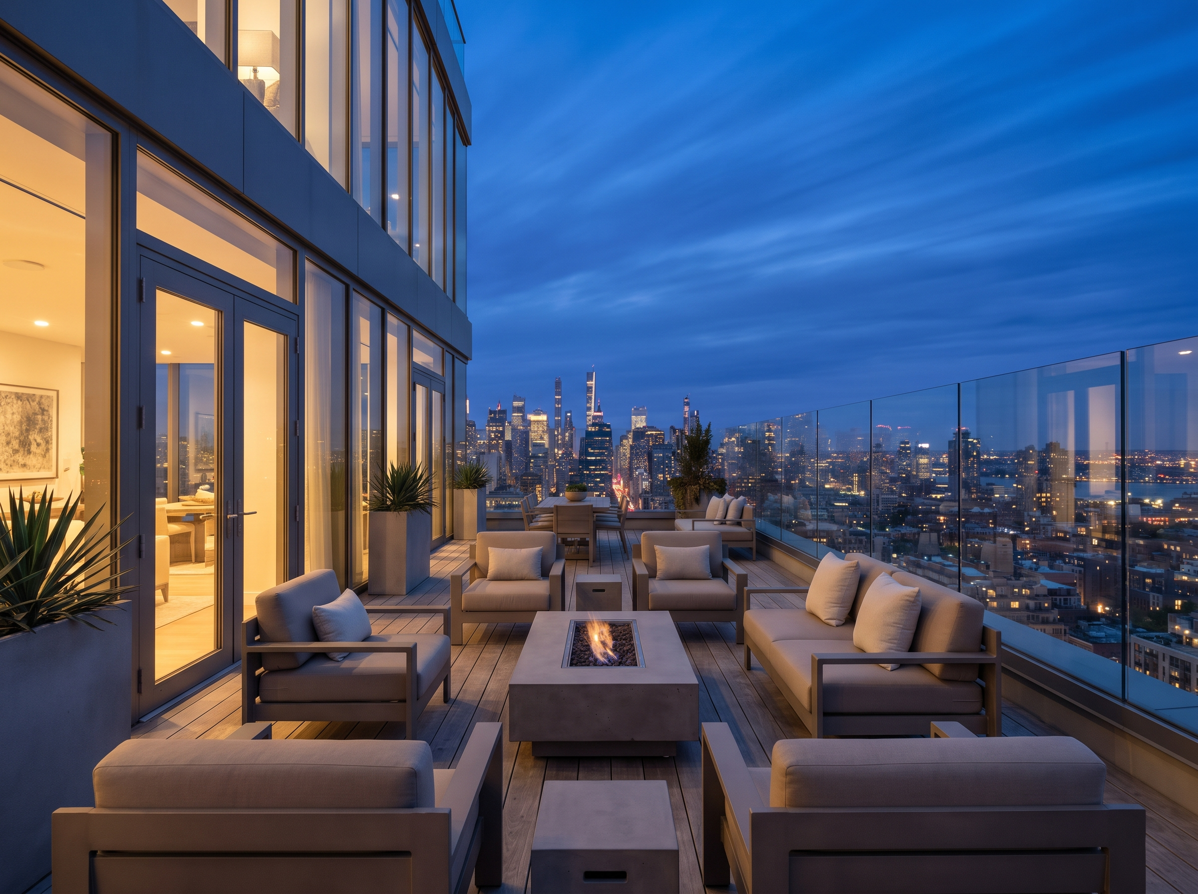 Penthouse-Terrasse mit Skyline-Blick zur blauen Stunde