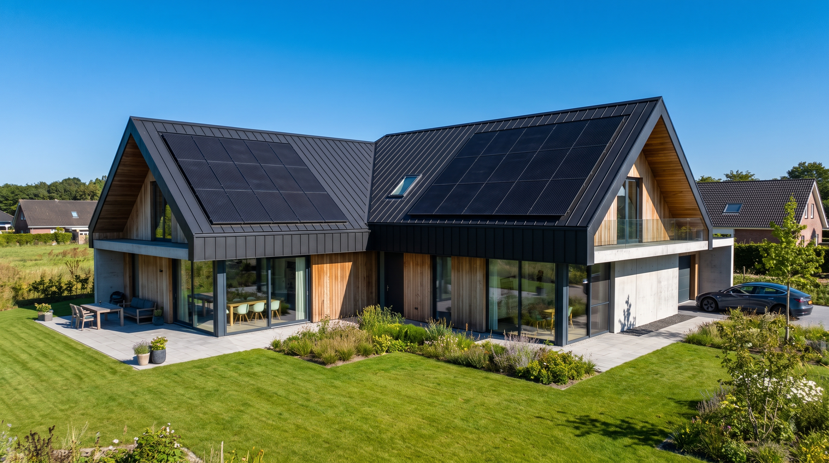 Modernes Einfamilienhaus mit Solaranlage auf dem Dach im Sonnenlicht