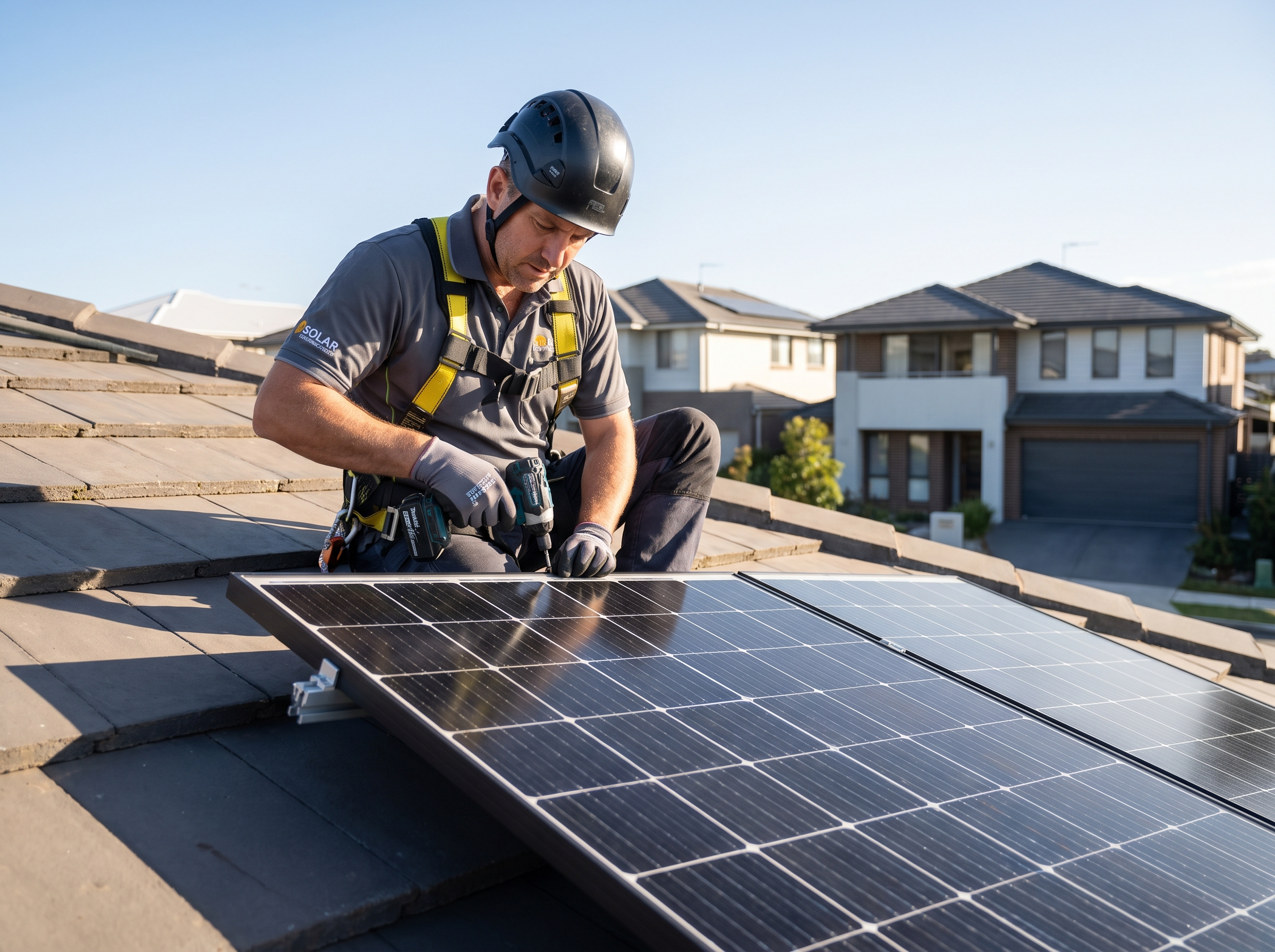 HELION Solar-Techniker installiert Photovoltaik-Module auf dem Dach