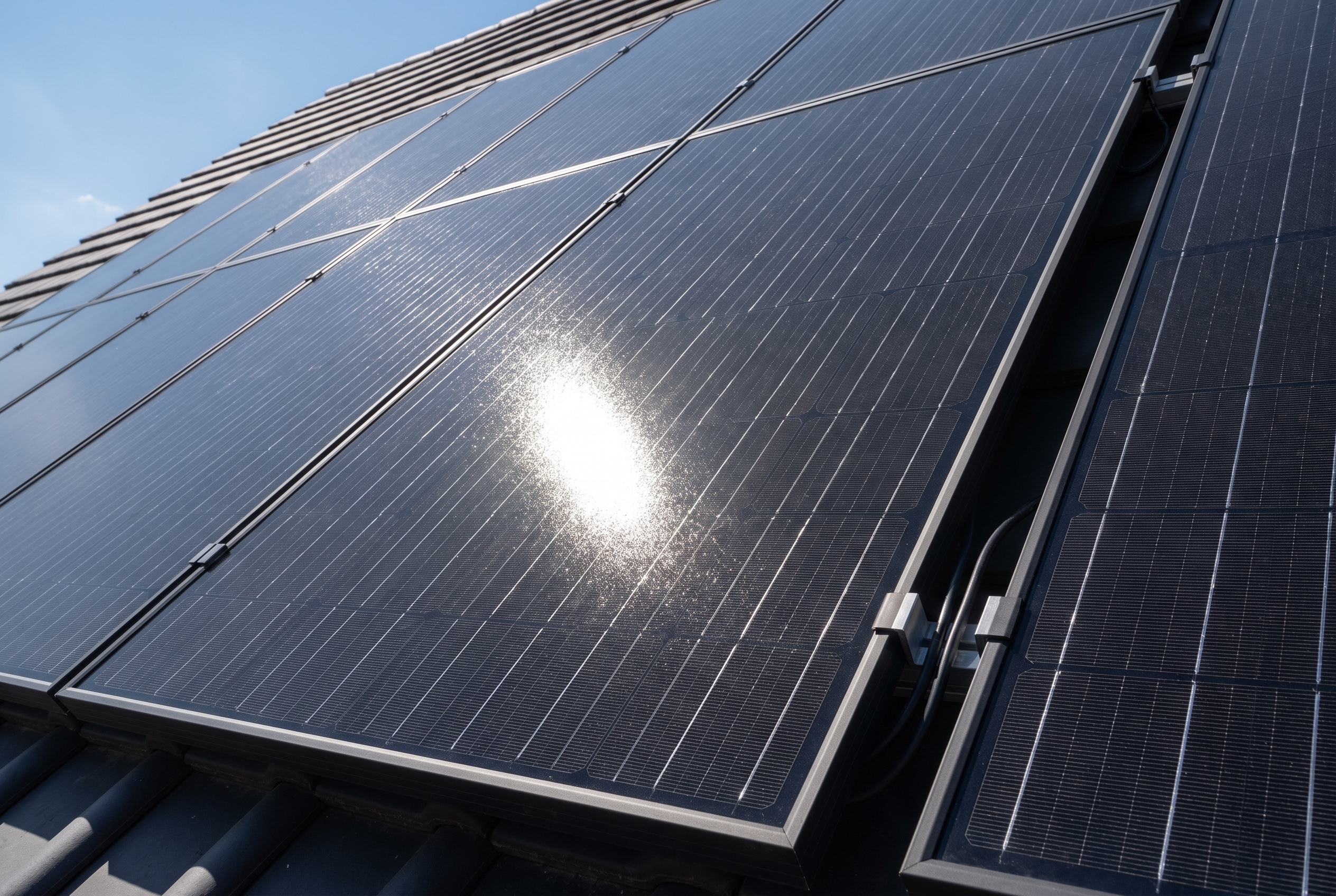 Moderne schwarze Solarmodule im Sonnenlicht