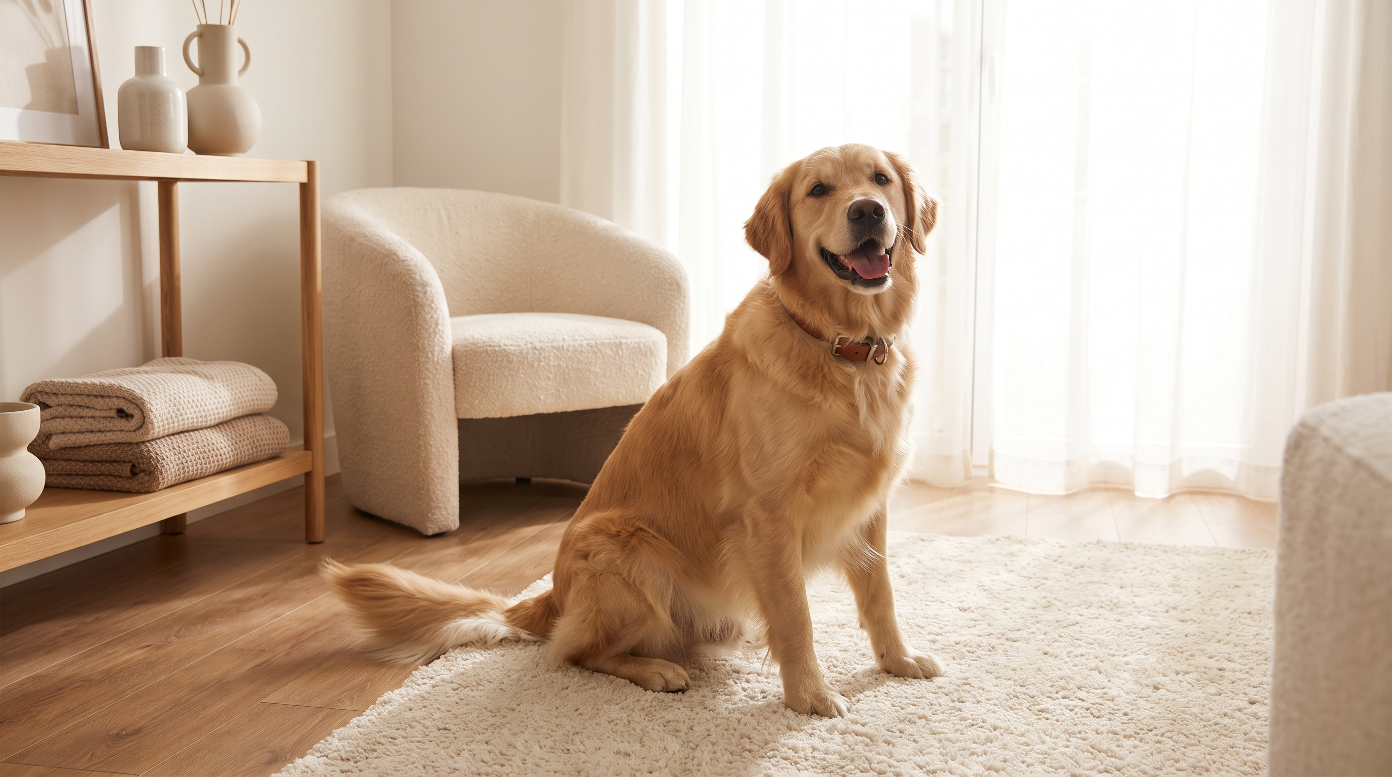 Glücklicher Golden Retriever in einem hellen, gemütlichen Zuhause
