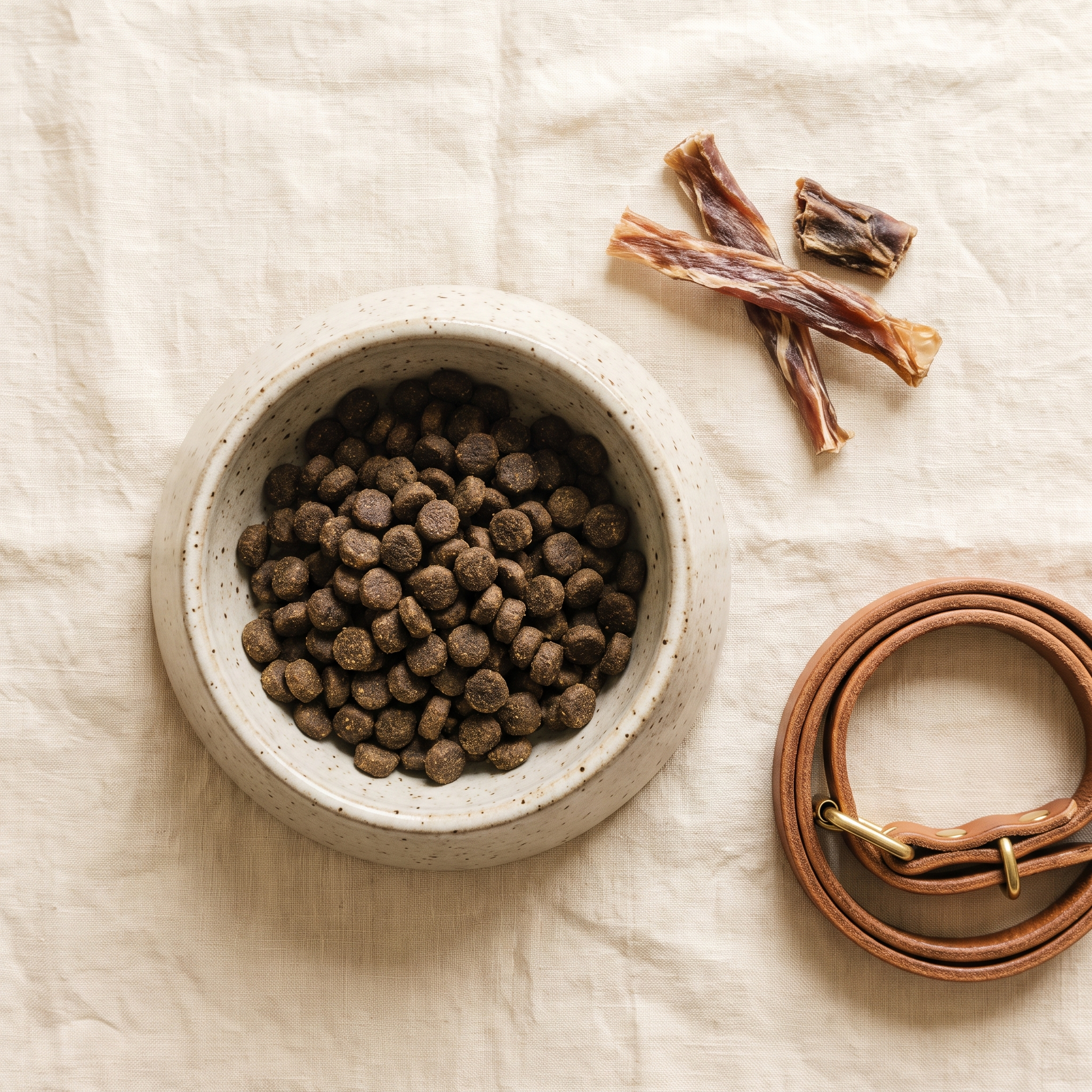 Premium-Hundefutter in eleganter Keramikschale mit natürlichen Leckerlis
