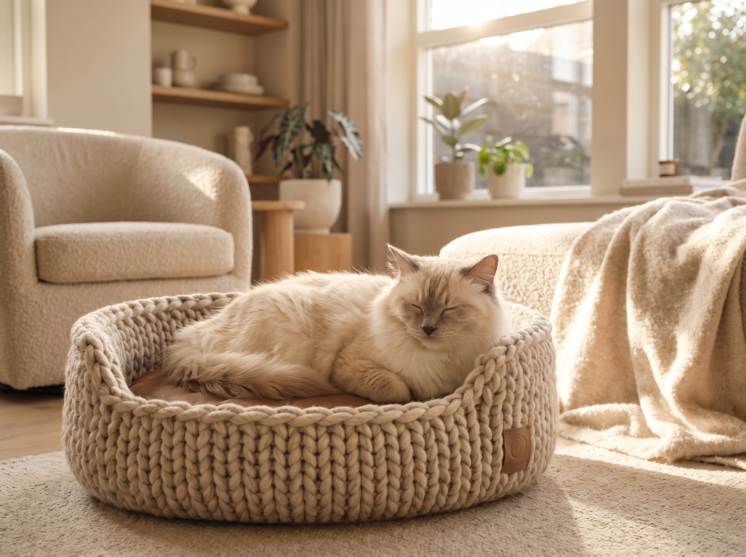 Zufriedene Katze auf einem Premium-Katzenbett im hellen Wohnzimmer