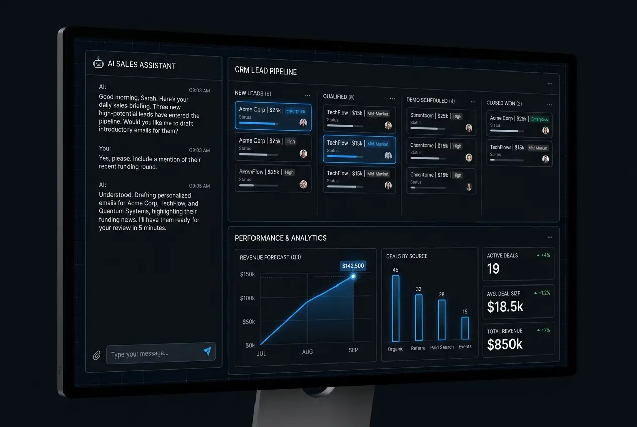 KI-Dashboard mit Vertriebsassistent, Lead-Pipeline und Reporting