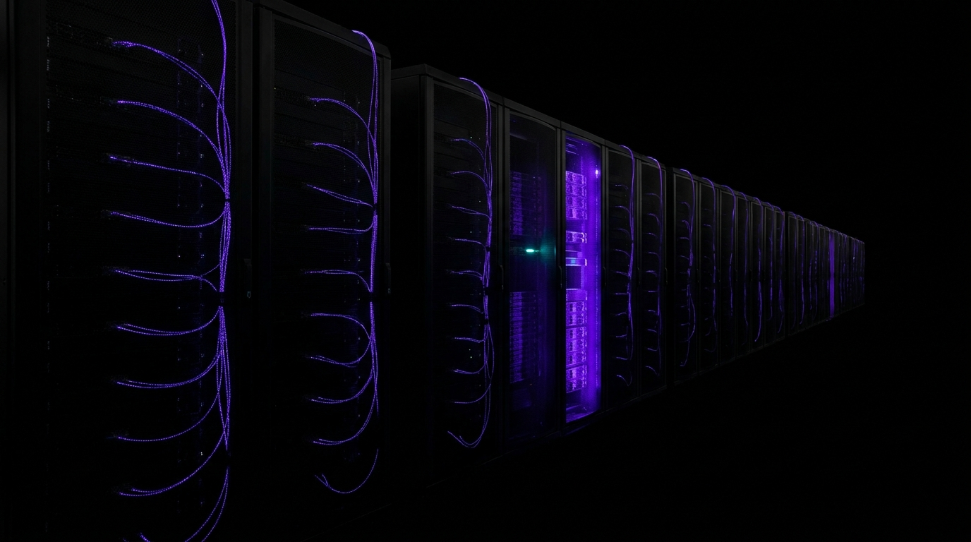 File di rack di data center che si perdono nel buio, attraversati da cavi luminosi