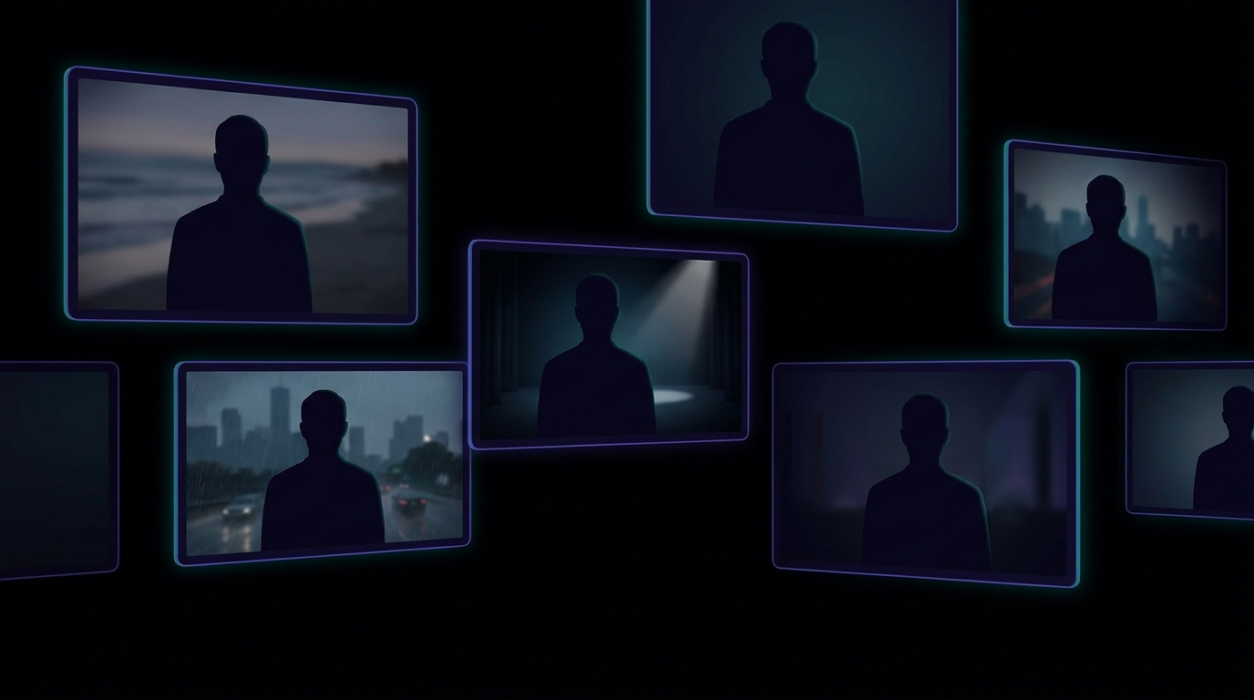 La stessa silhouette umana che appare in molti fotogrammi video diversi fluttuanti nel buio