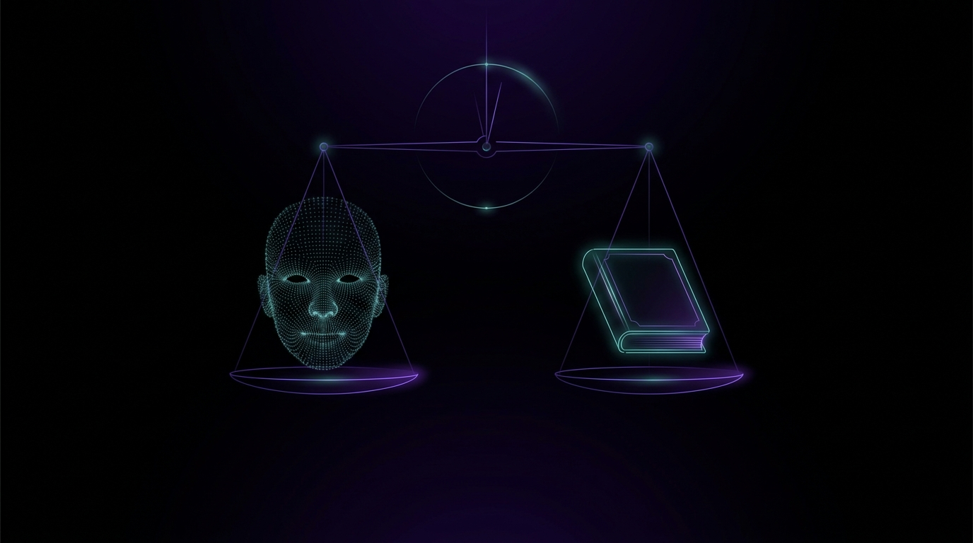 Bilancia della giustizia con un volto biometrico su un piatto e un libro di legge sull'altro