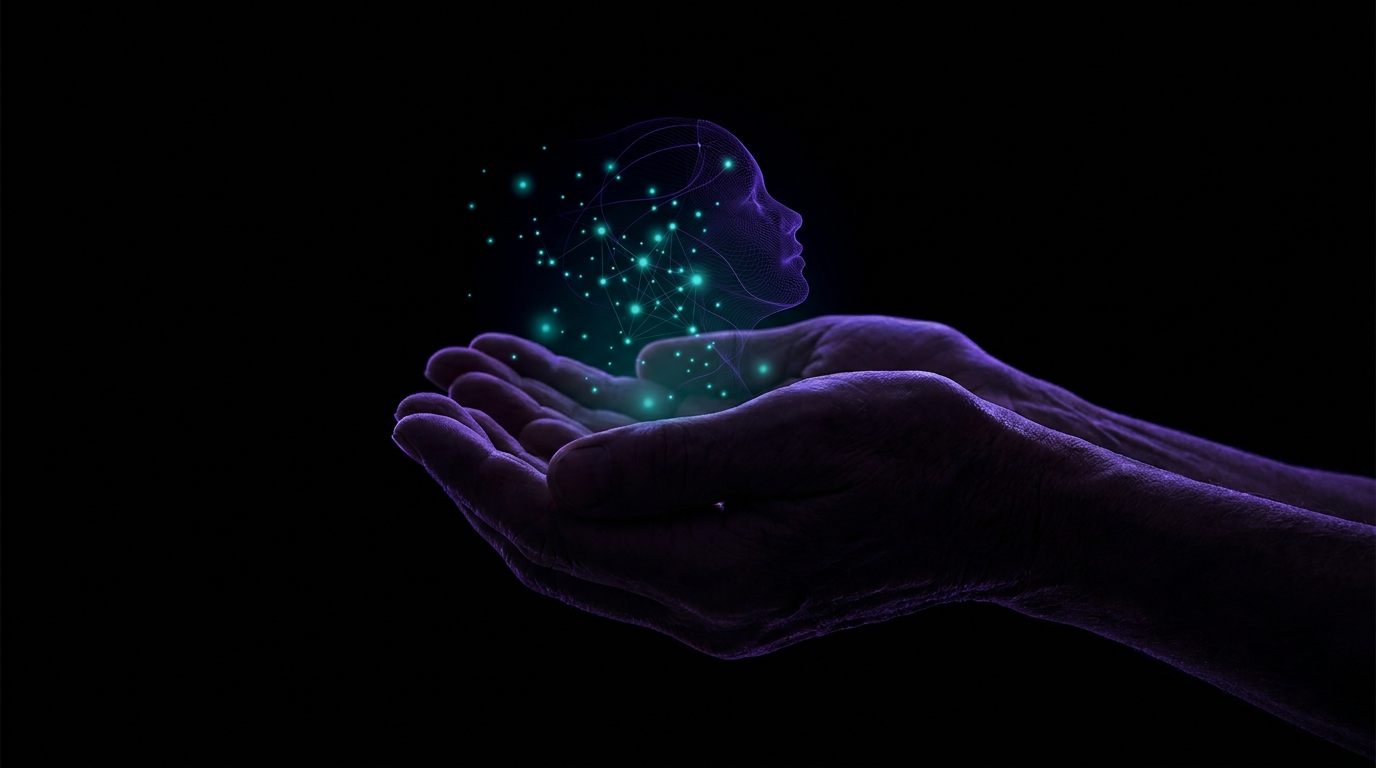Mani aperte che reggono una costellazione di particelle che disegna un profilo umano