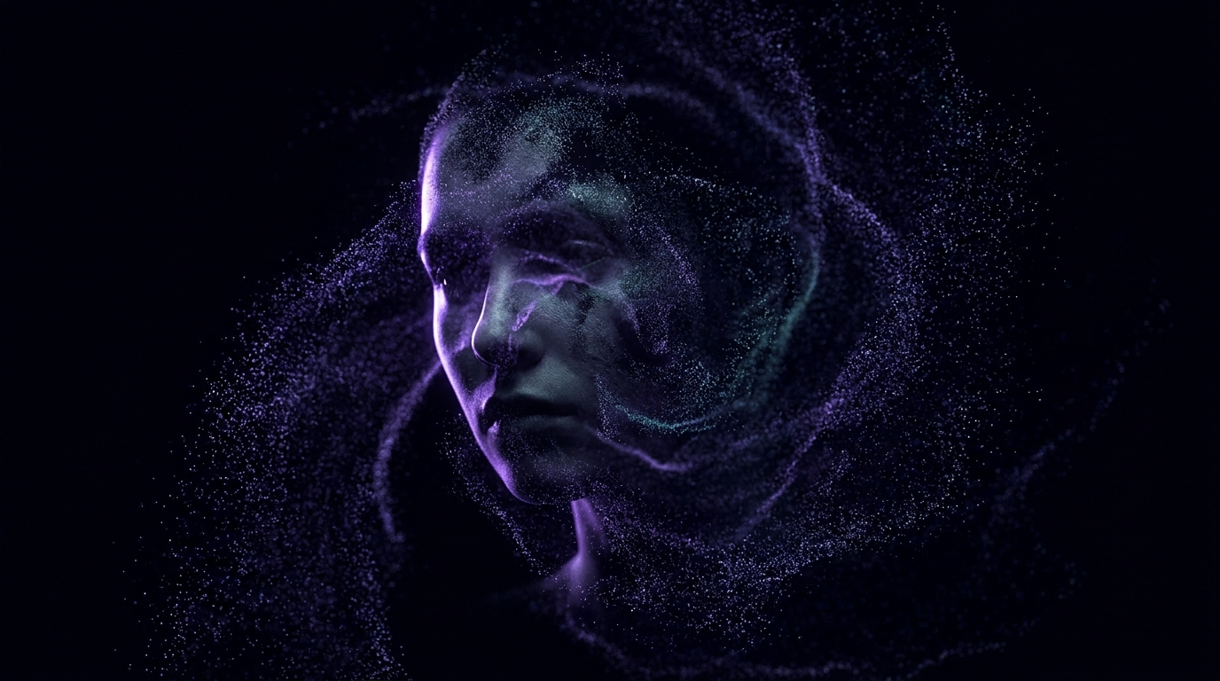 Un volto umano che emerge e si dissolve in particelle digitali