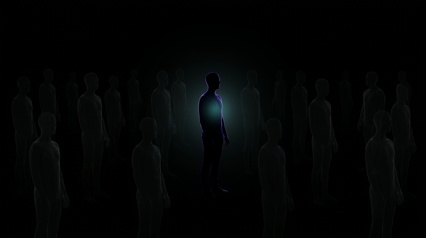 Una sola figura umana illuminata tra molte sagome identiche e sfumate nel buio, simbolo dell'identità verificata
