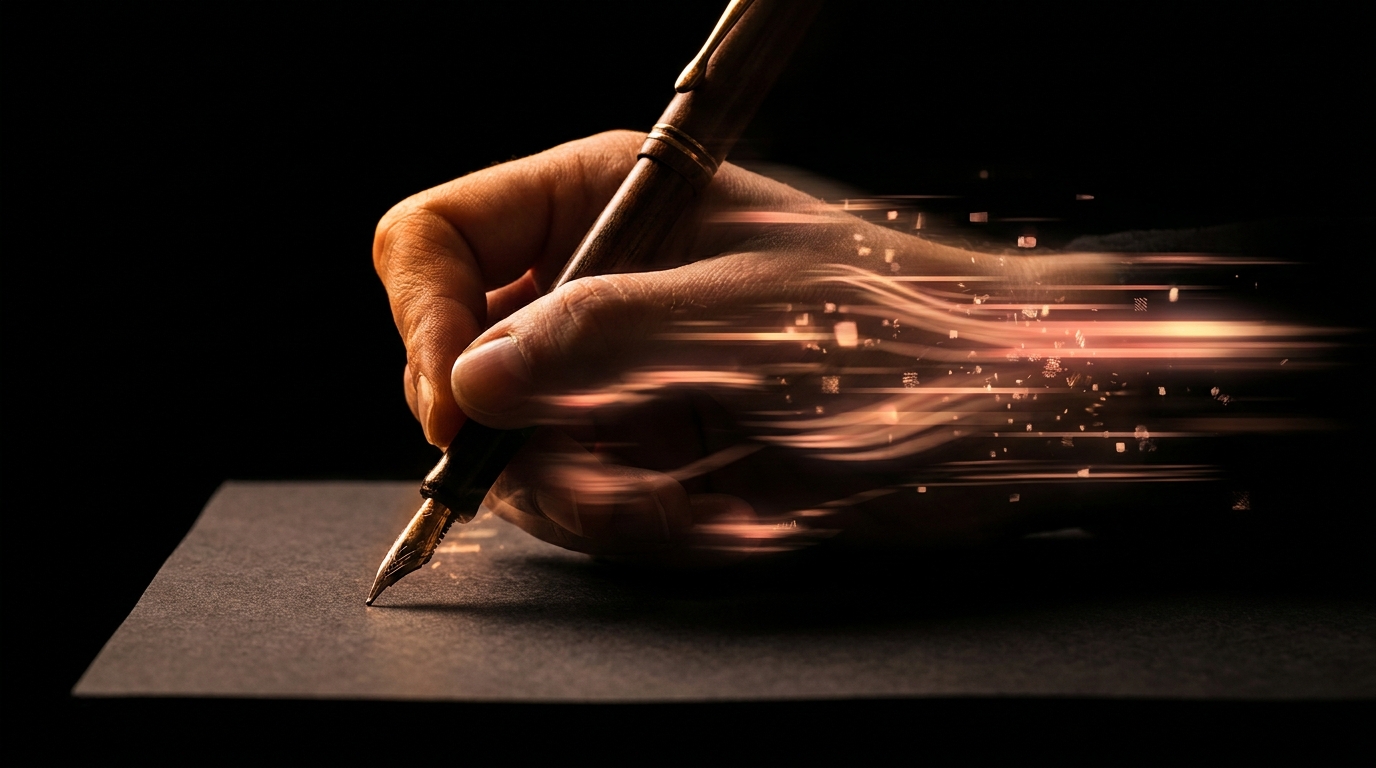 Una mano umana che scrive con una penna stilografica si dissolve in un flusso veloce di particelle di luce, simbolo della scrittura umana che incontra la velocità della macchina