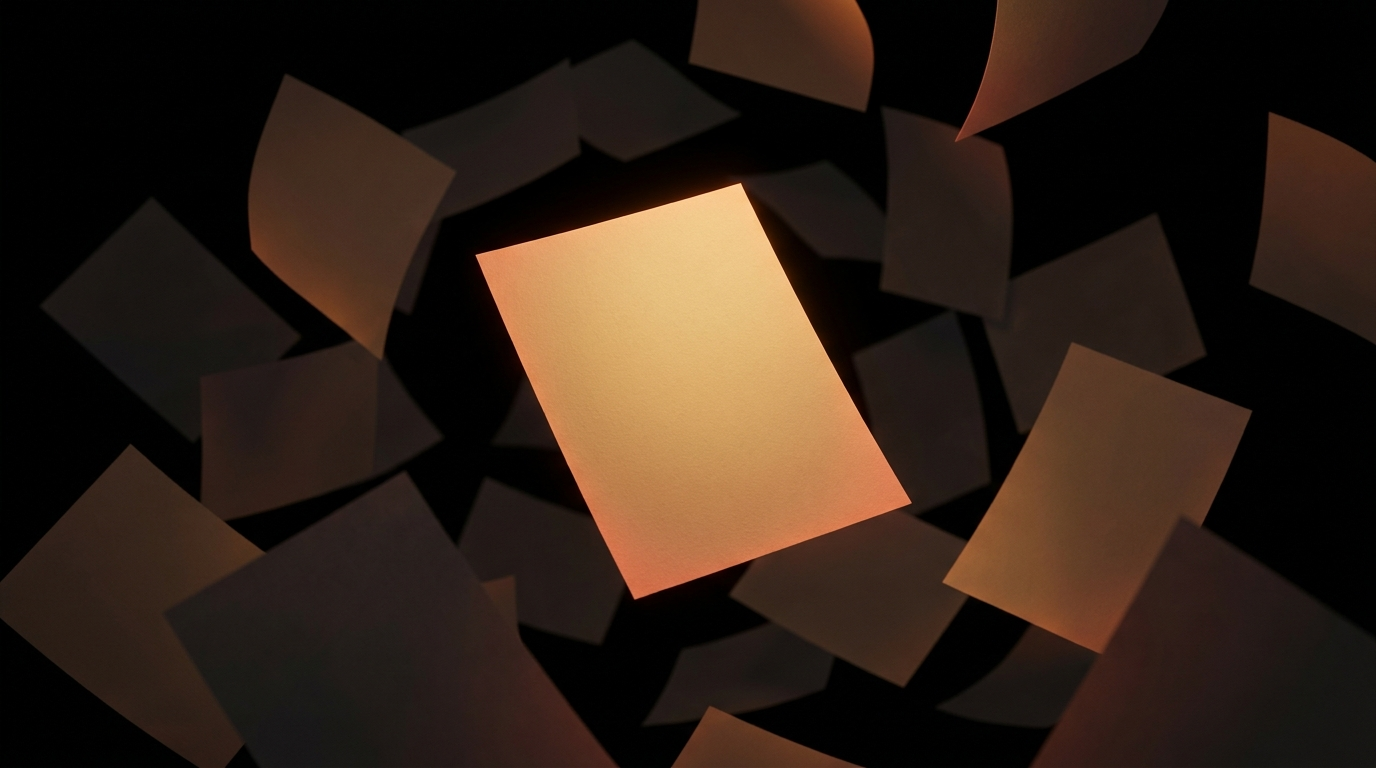 Molti fogli bianchi identici svaniscono nel buio, mentre un solo foglio al centro è illuminato da una luce ambrata, simbolo dell'autorialità e dell'originalità