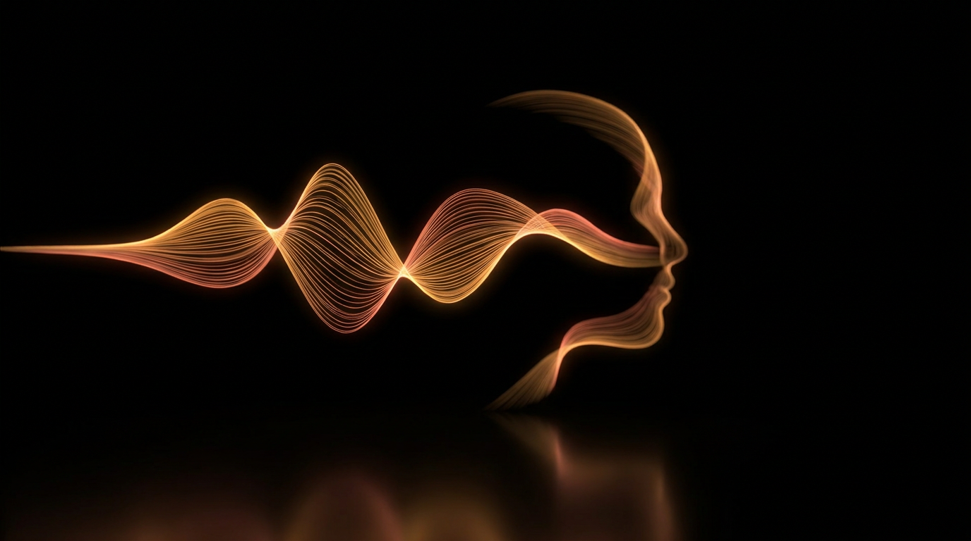 Un'onda sonora luminosa che si trasforma gradualmente nel profilo di un volto umano, simbolo della voce e dell'immagine come una sola identità