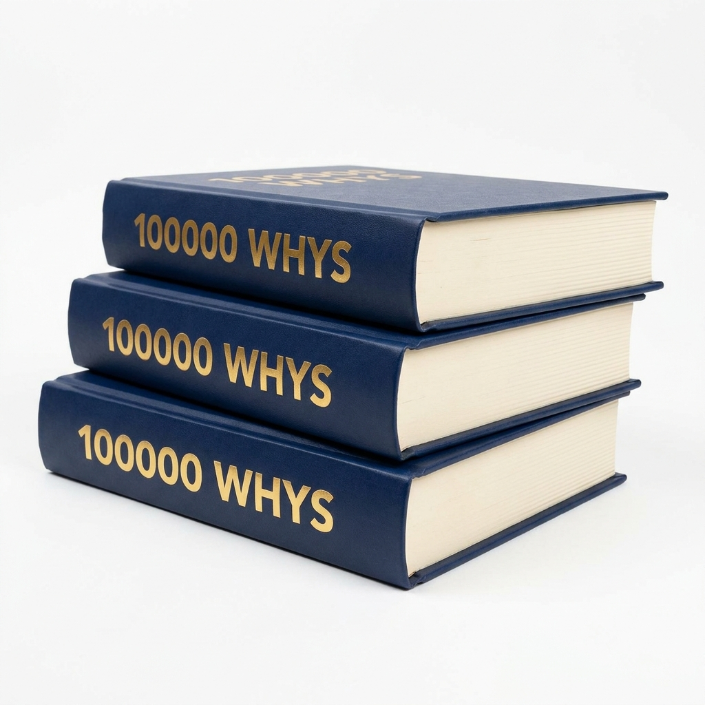 100000 Whys - stack of books