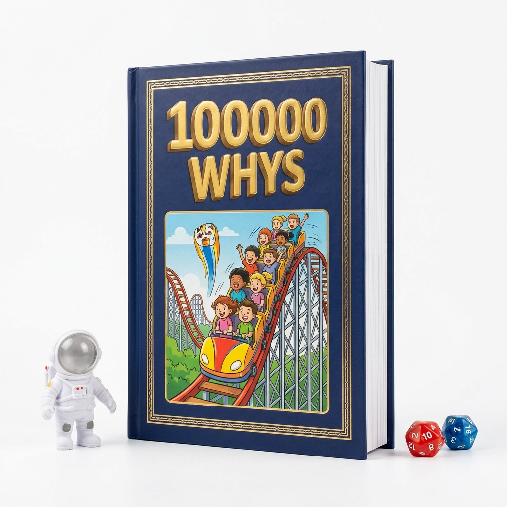 100000 Whys next to an astronaut toy figure and dice