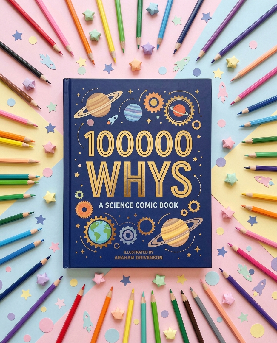 100000 Whys flat lay with pencils and stars