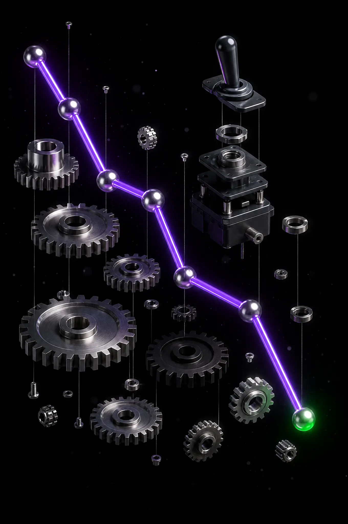 Línea de neón violeta descendiendo entre engranes desarmados