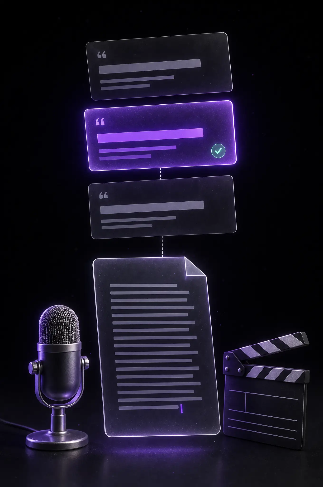 Tres tarjetas de hooks, la elegida iluminada en violeta, sobre la hoja del guion con un micrófono y una claqueta