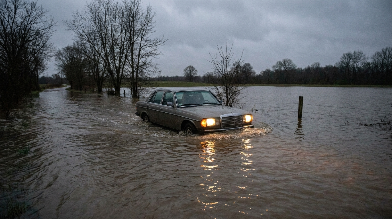 A car stopped in rising floodwater at dusk