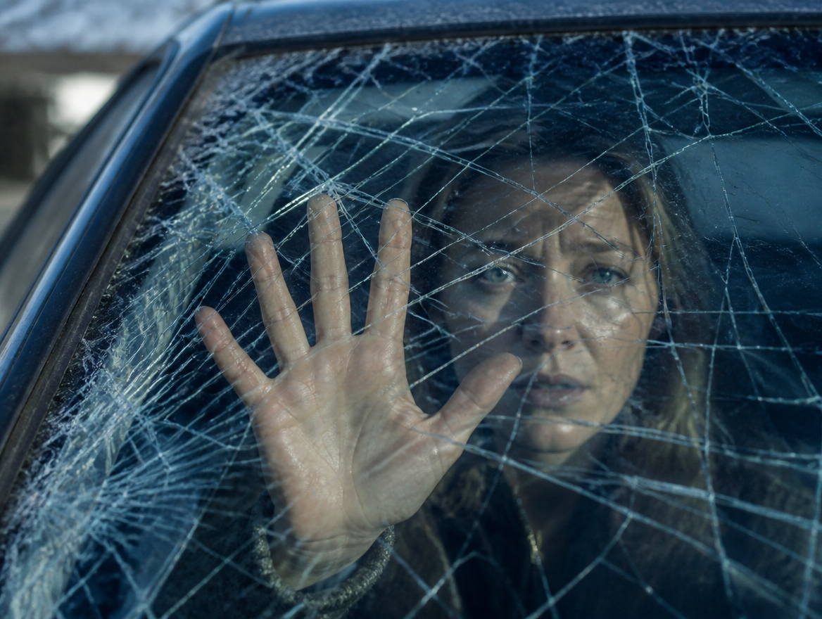 A driver pressing a hand against a cracked windscreen from inside the car