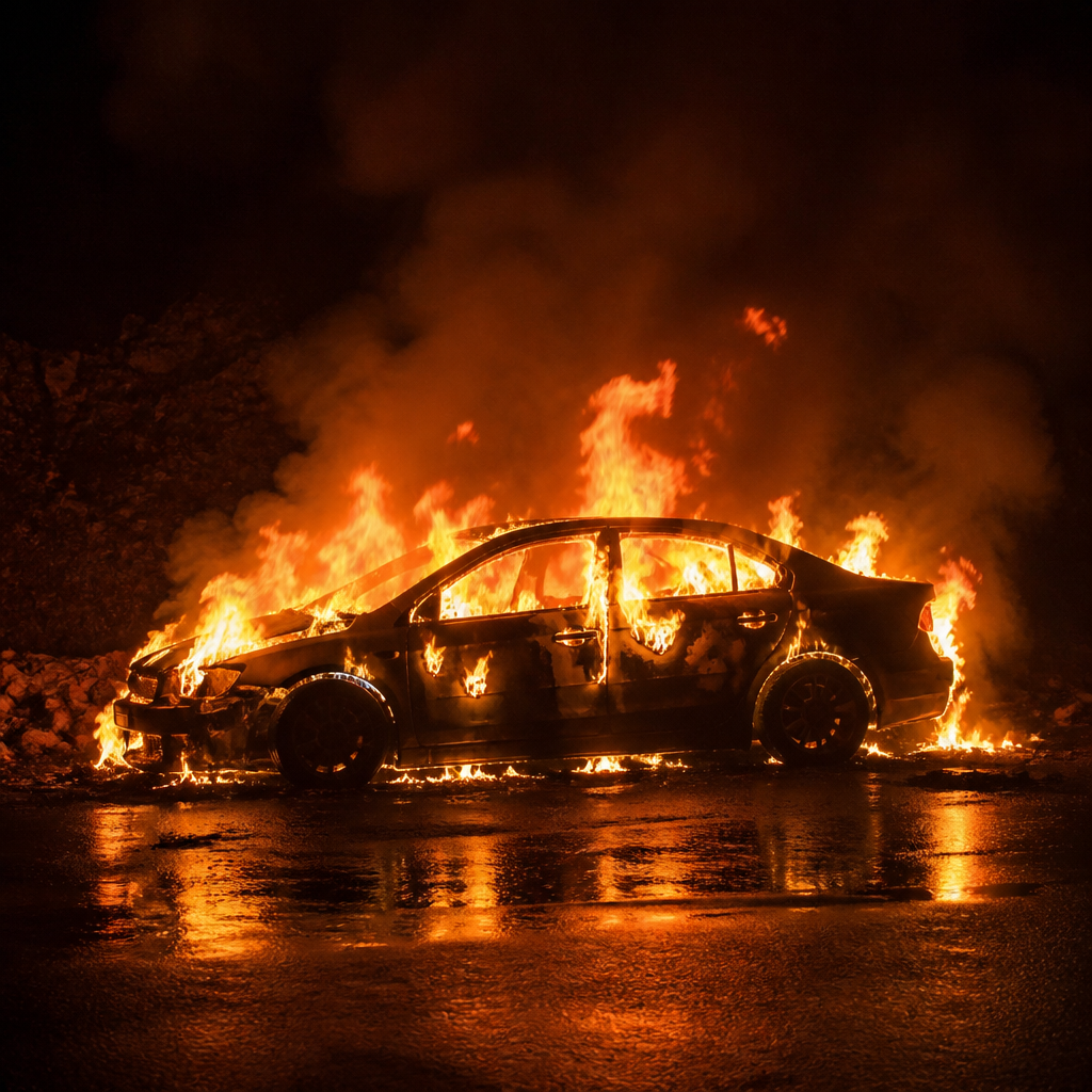 A car on fire at the roadside