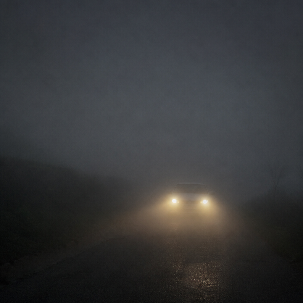 A car stopped in dense fog at night