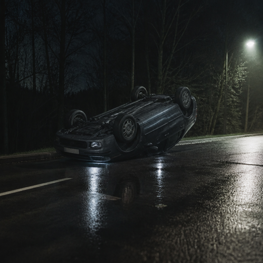 An overturned car on a wet road