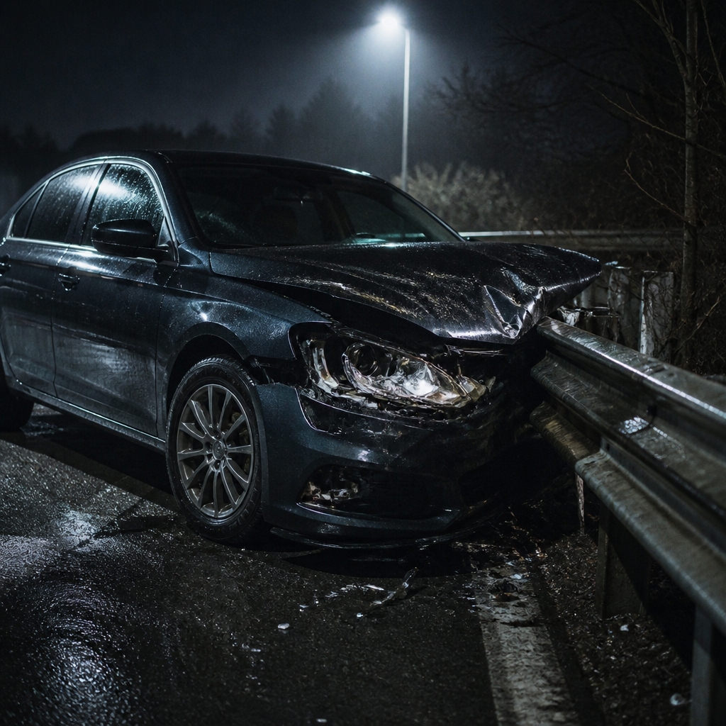 A car crashed against a guardrail in the rain