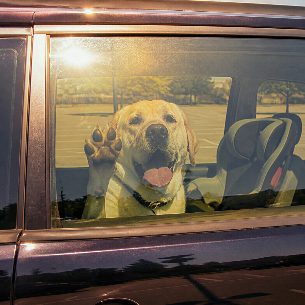 A dog behind a closed car window in strong sunlight beside an empty child seat