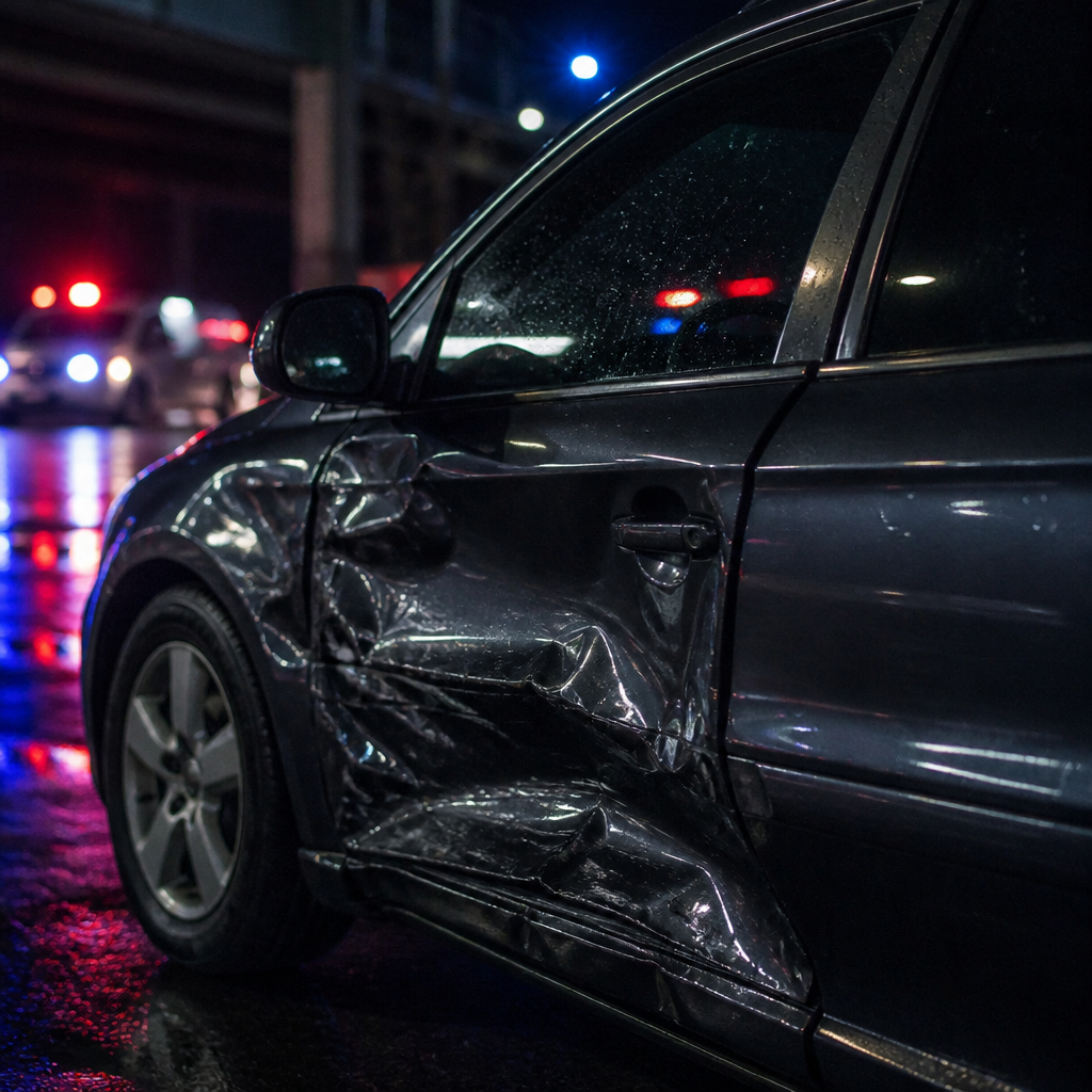 A car with its door caved in after a collision
