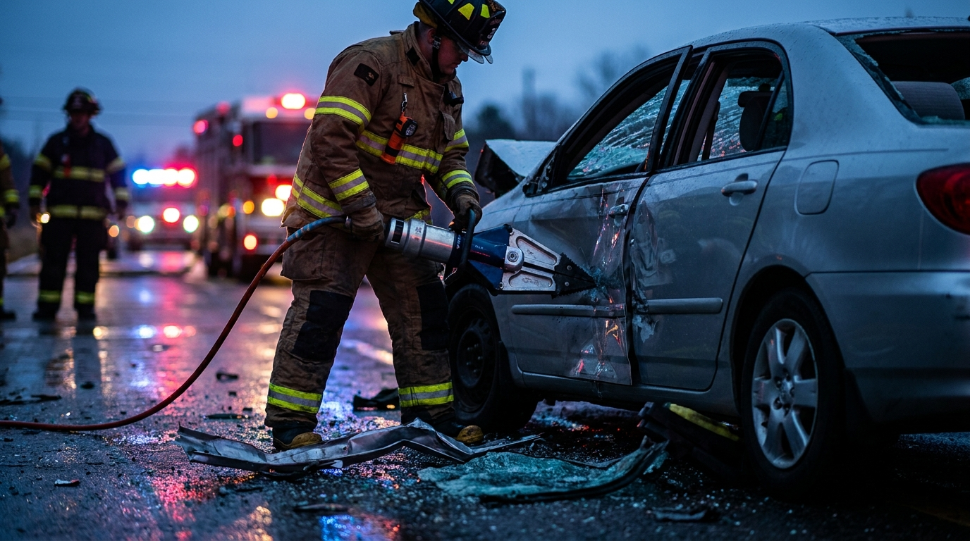 Firefighters using hydraulic rescue tools to force open the door of a wrecked car