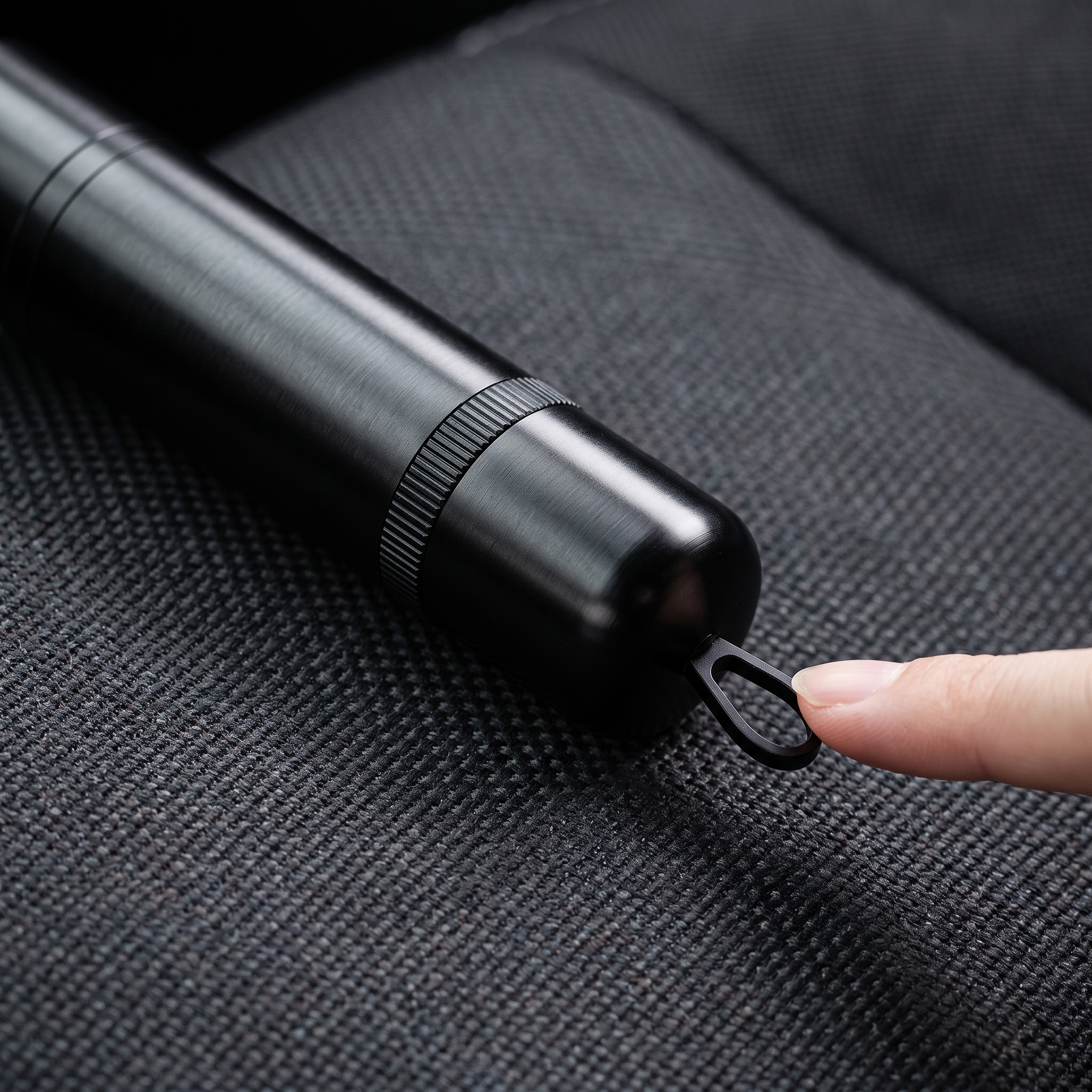 Closed ExitReach cutter end sitting flush on a car seat