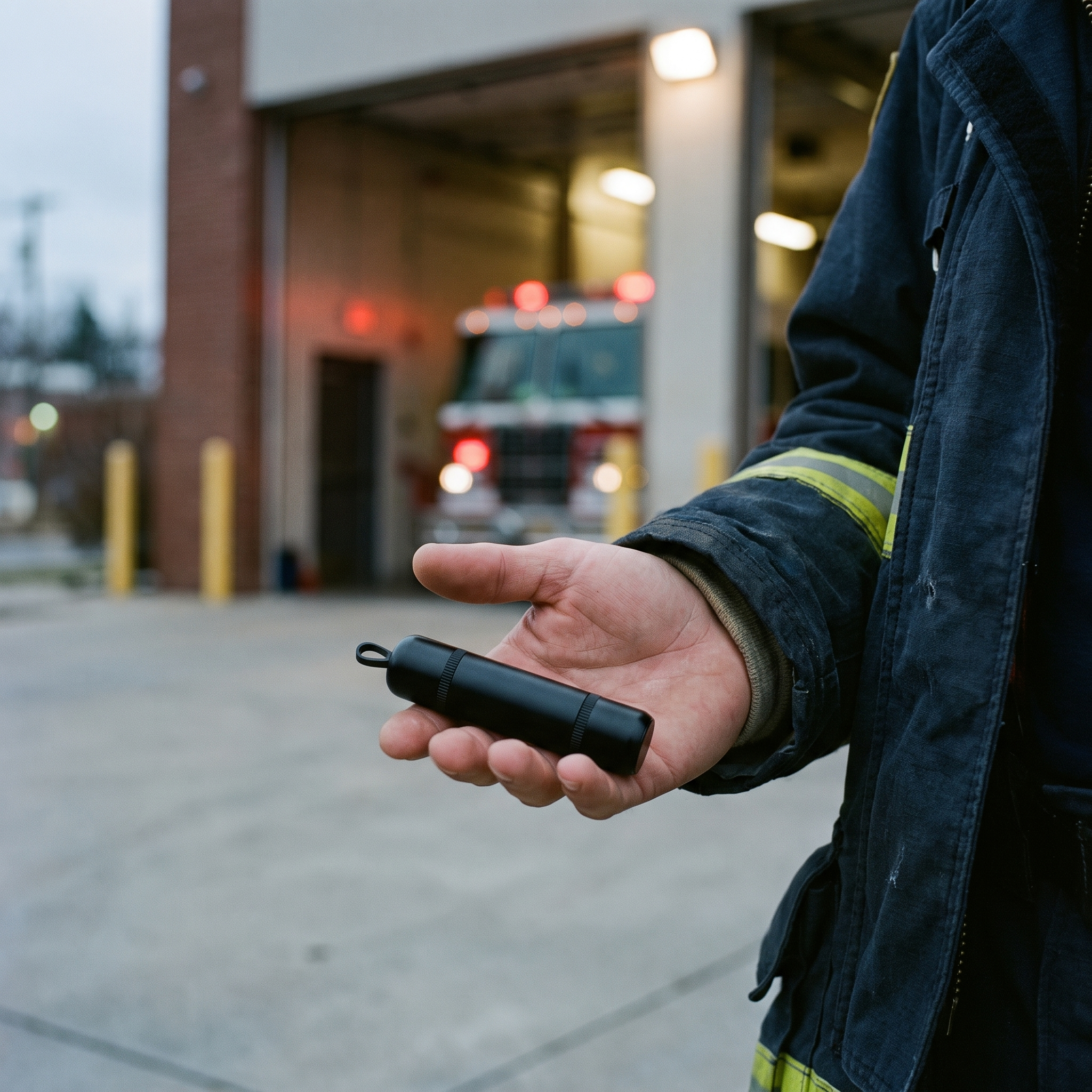 A firefighter naturally holding the compact palm-length black ExitReach tool outside a fire station