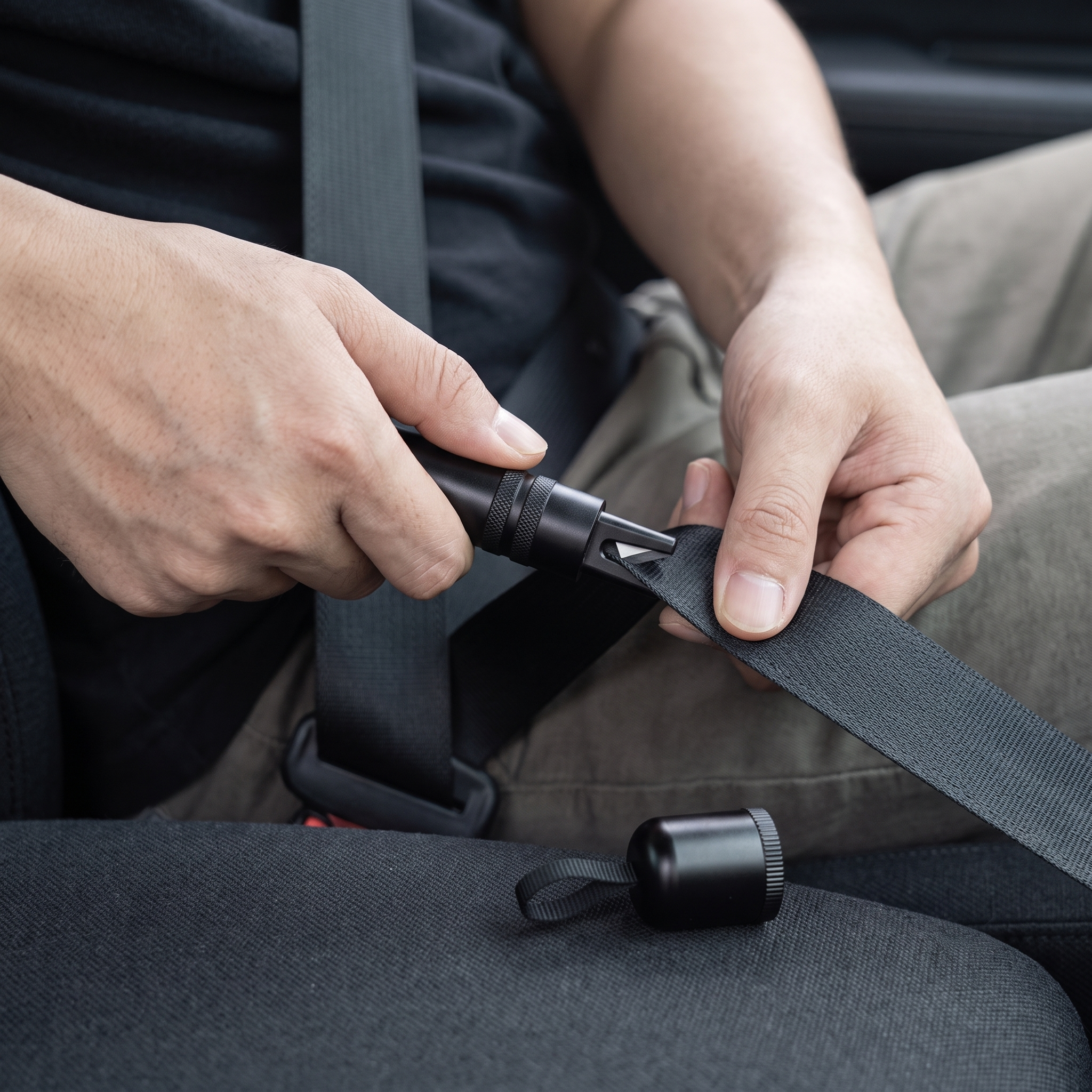 Seat belt webbing fed inside the recessed U-shaped ExitReach cutter channel